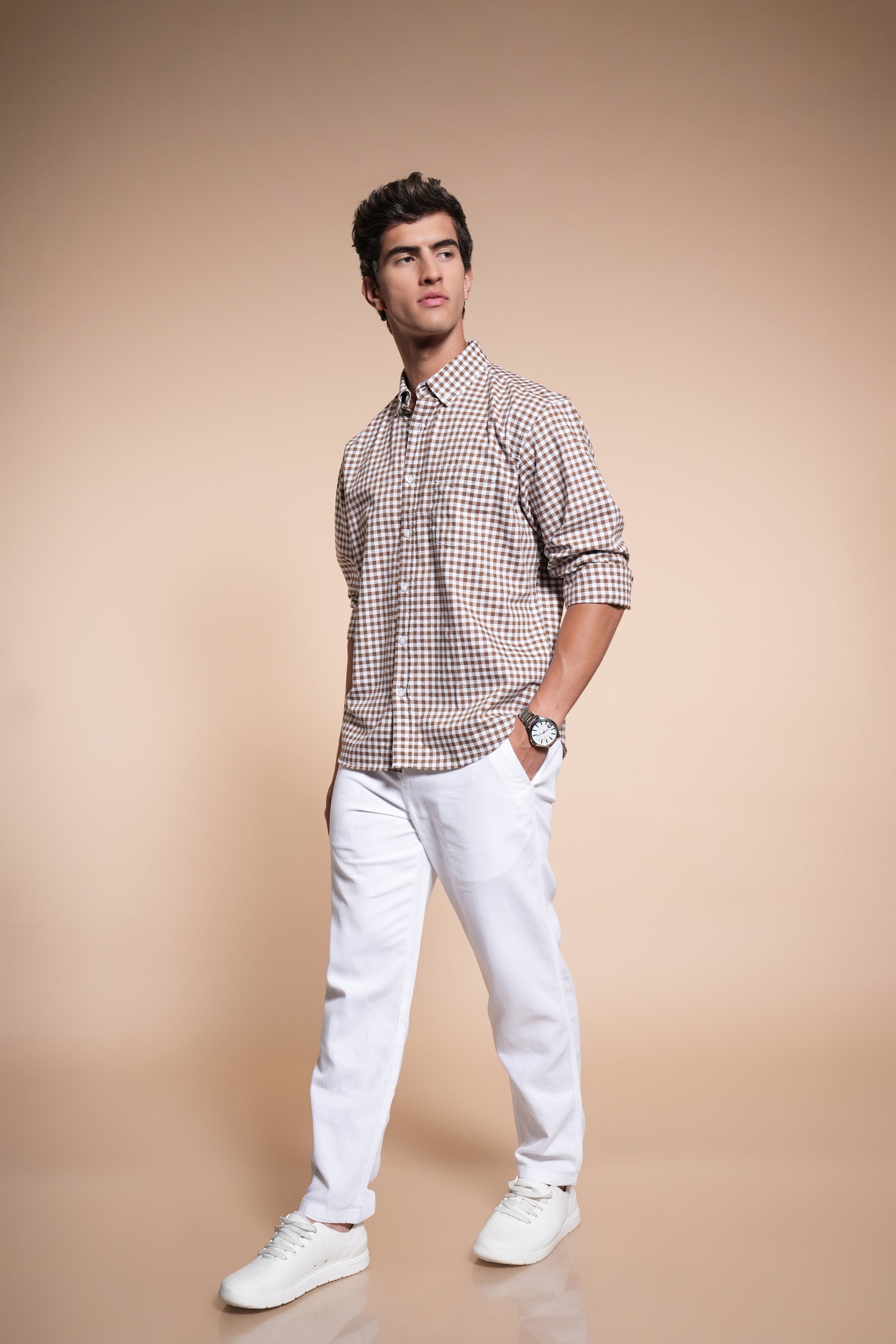 Brown Small Check Relaxed Fit Full Sleeve Shirt