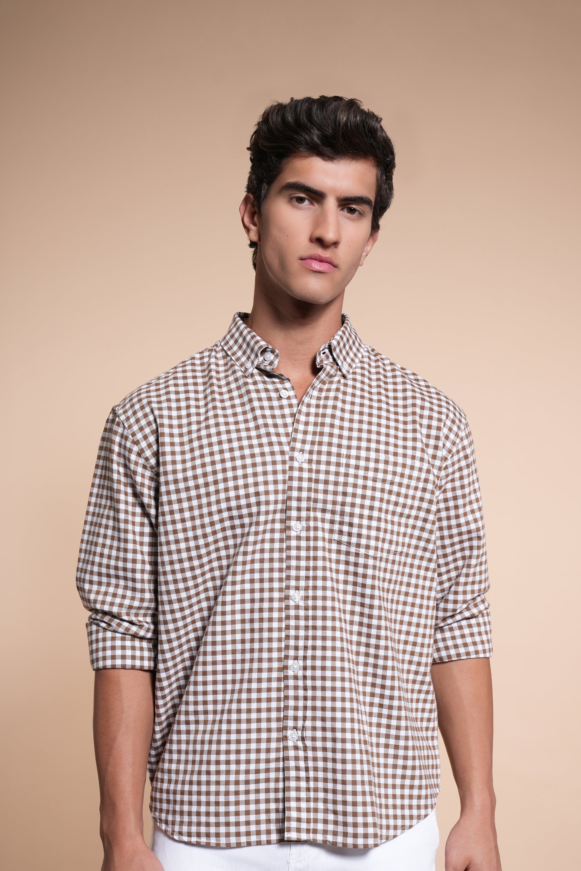 Brown Small Check Relaxed Fit Full Sleeve Shirt