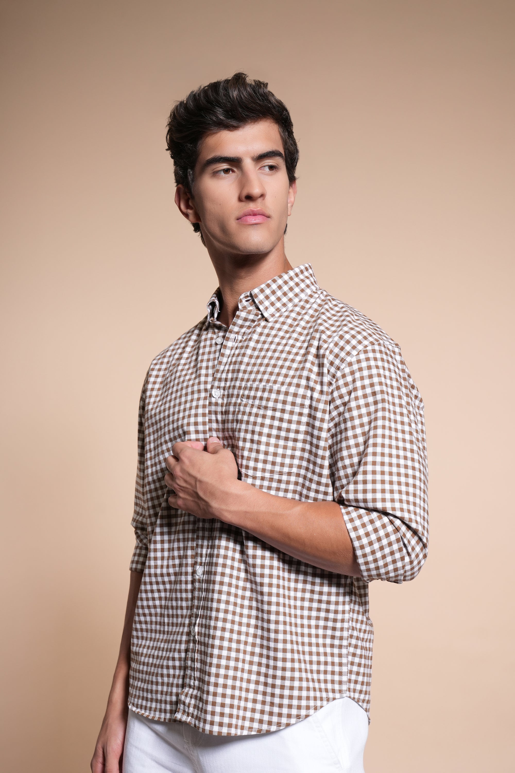 Brown Small Check Relaxed Fit Full Sleeve Shirt