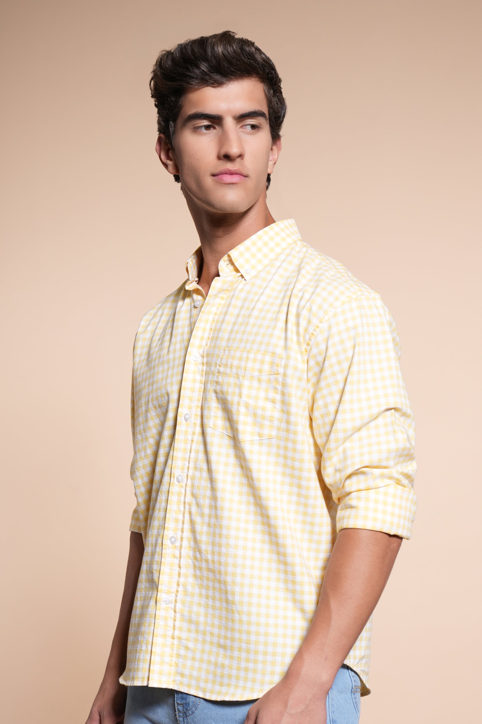 Check Yellow Relaxed Fit Full Sleeve Shirt