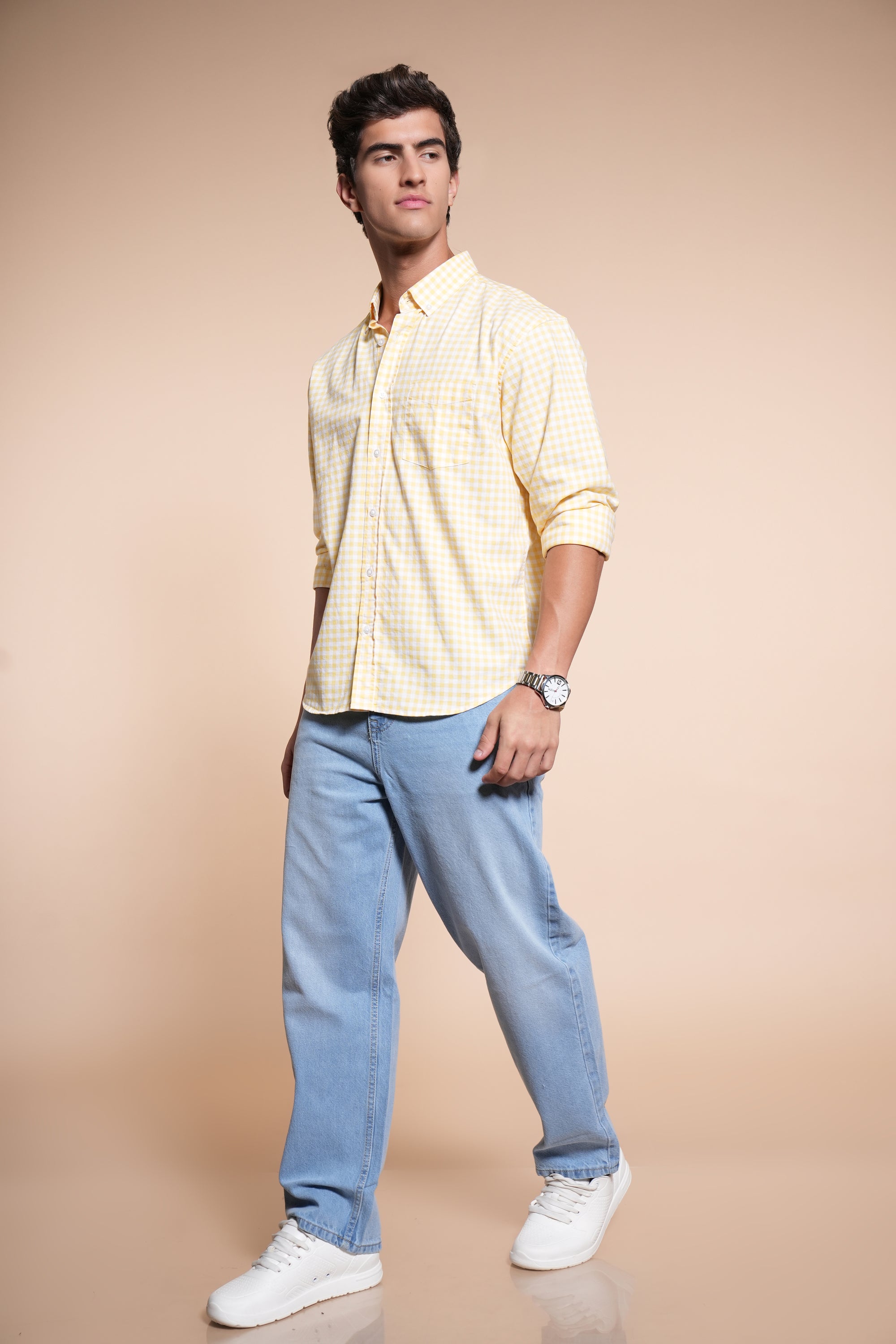 Check Yellow Relaxed Fit Full Sleeve Shirt