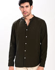 Olive Green Tapered Fit Mandarin Collar Shirt