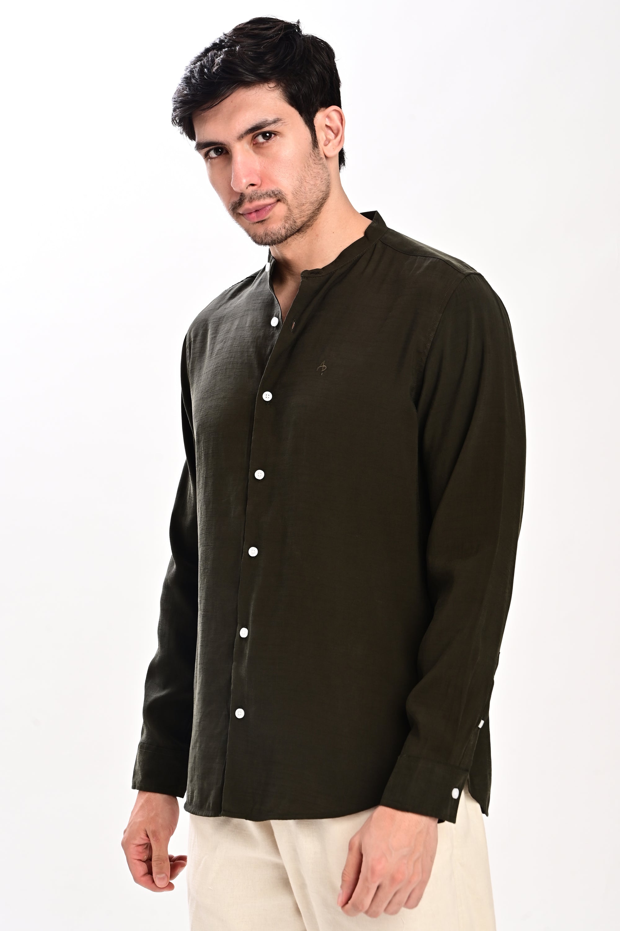 Olive Green Tapered Fit Mandarin Collar Shirt