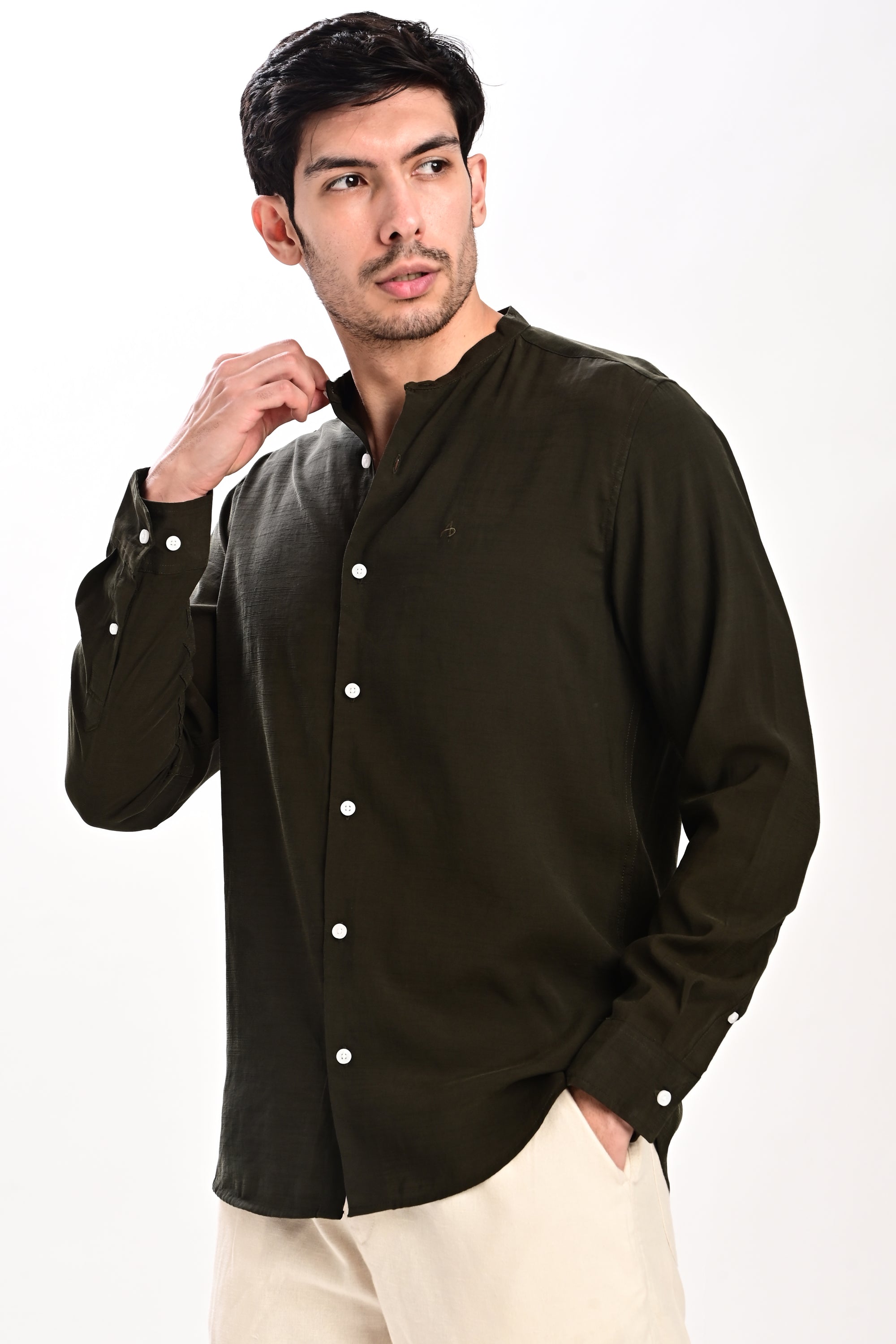 Olive Green Tapered Fit Mandarin Collar Shirt