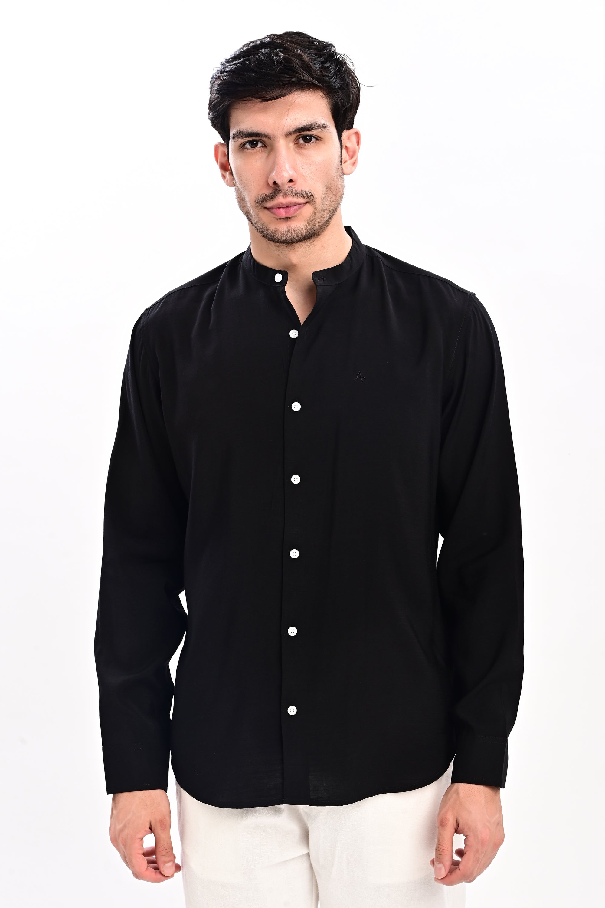 Black Tapered Fit Mandarin Collar Shirt