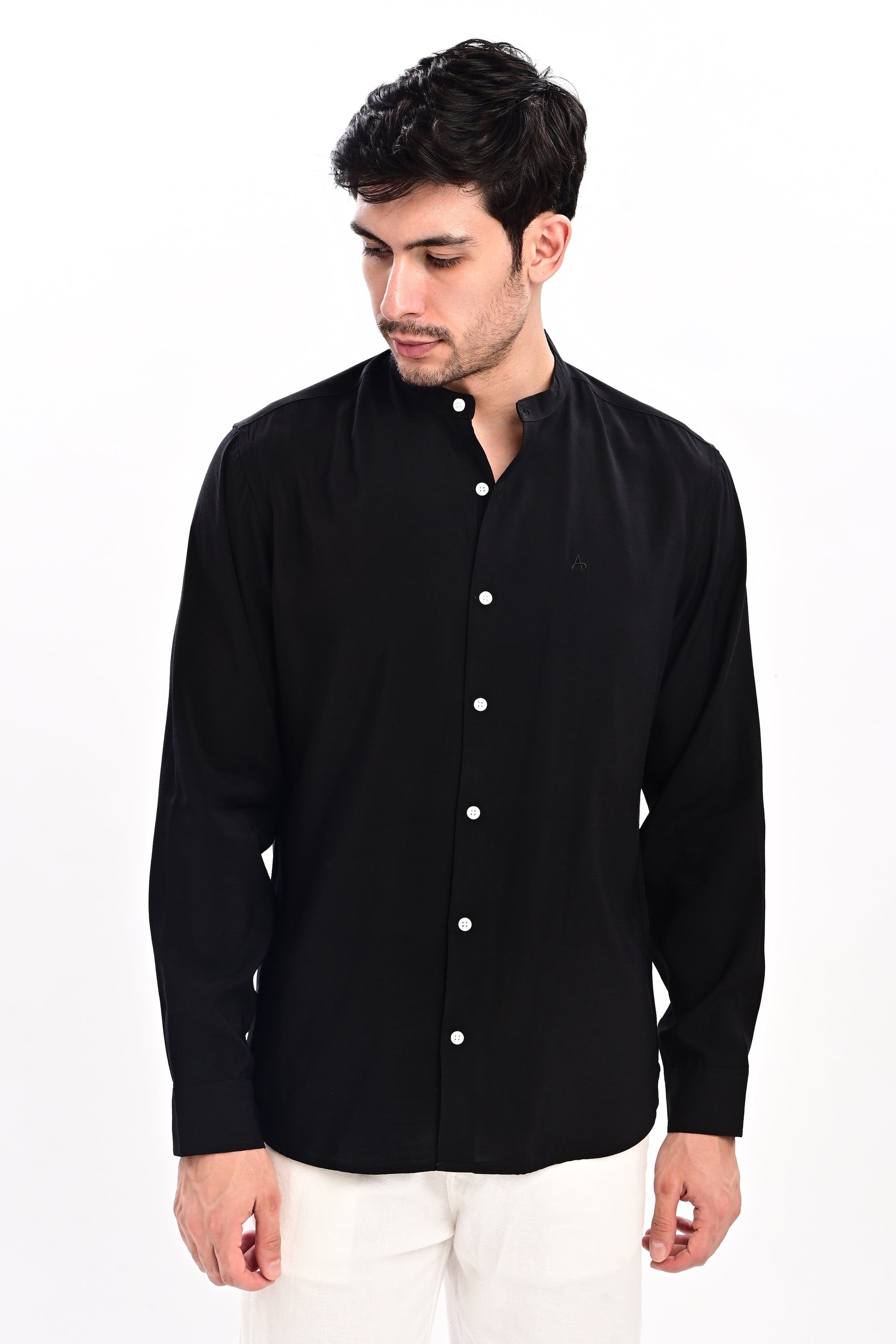 Black Tapered Fit Mandarin Collar Shirt