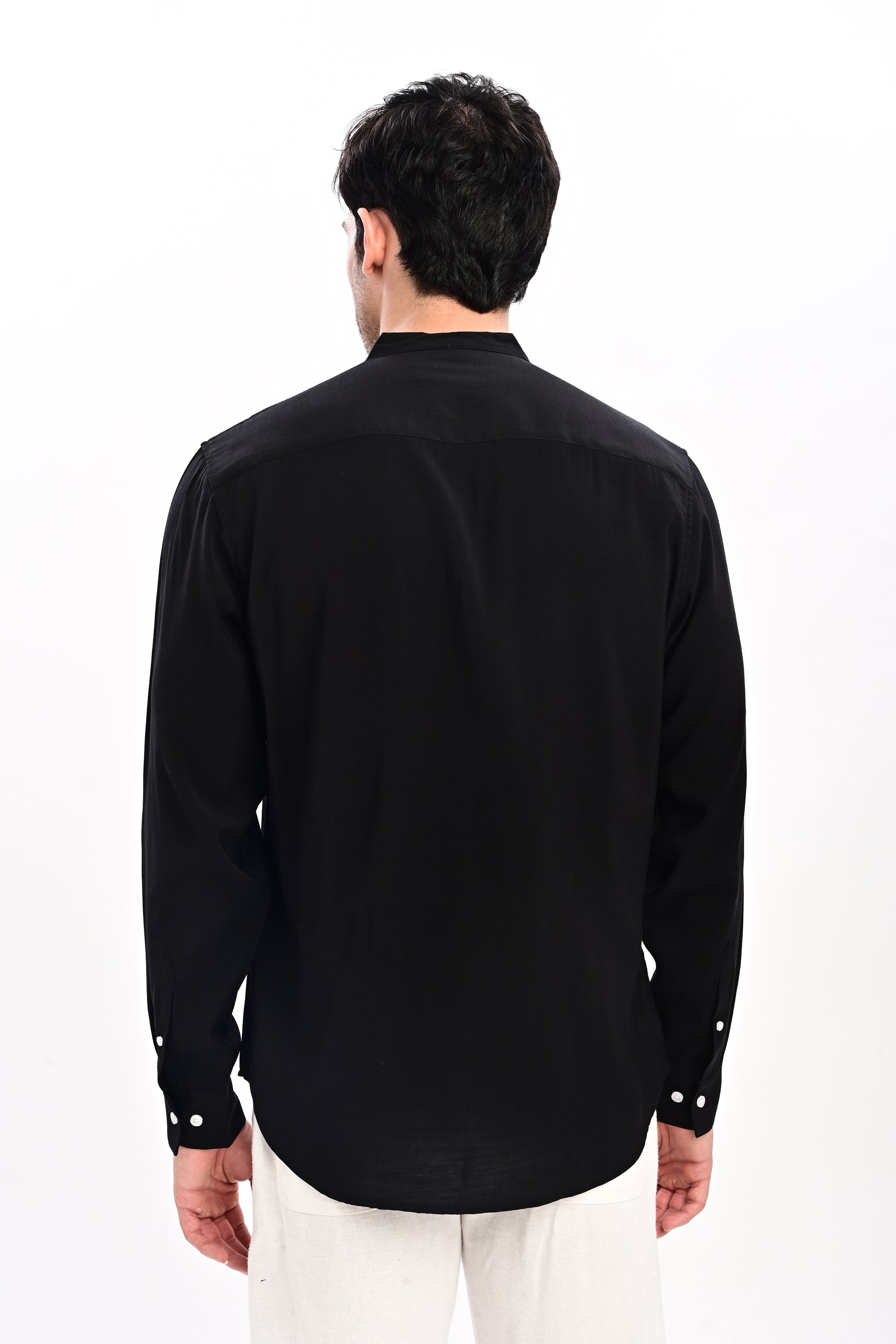 Black Tapered Fit Mandarin Collar Shirt