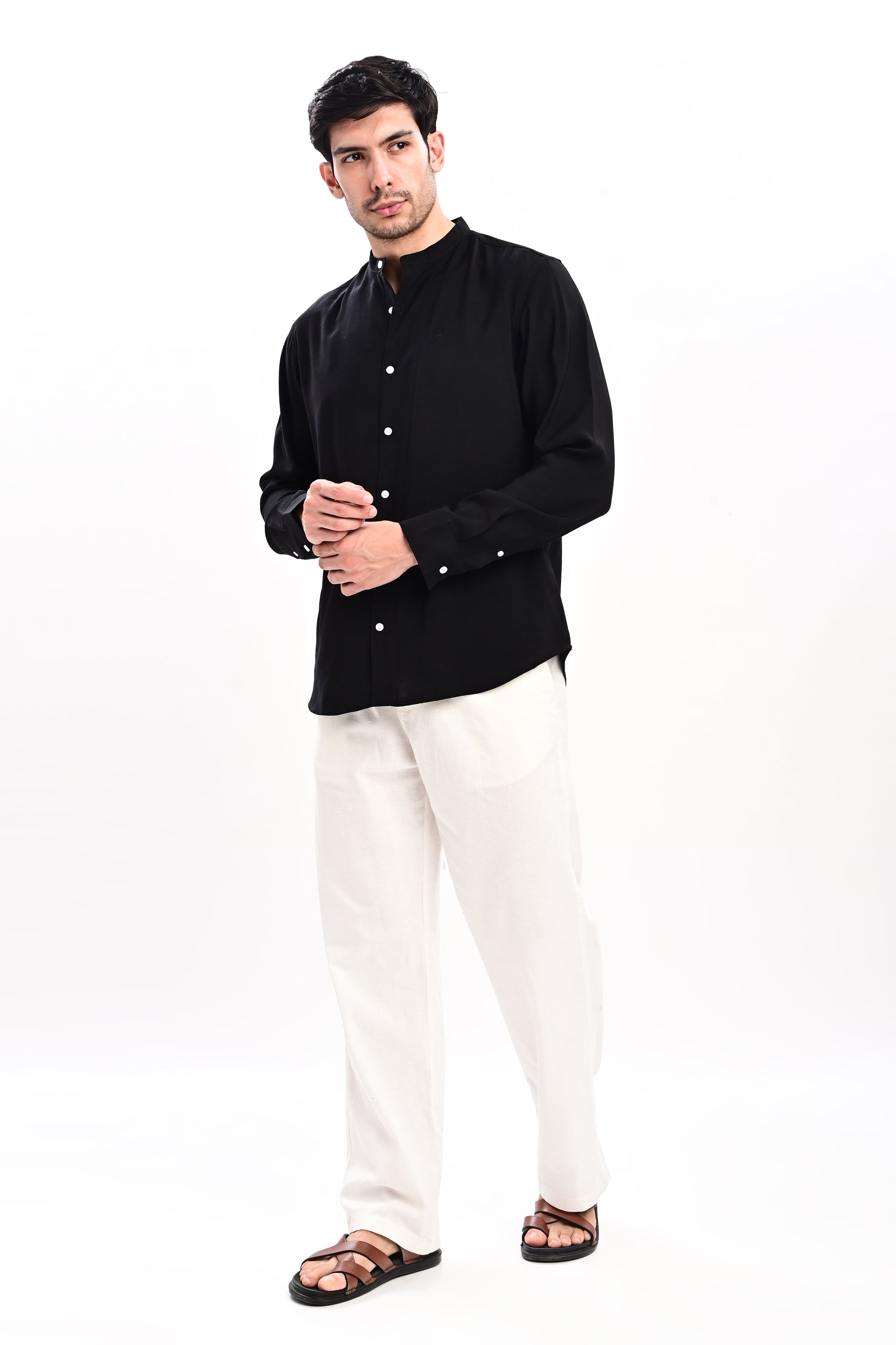 Black Tapered Fit Mandarin Collar Shirt