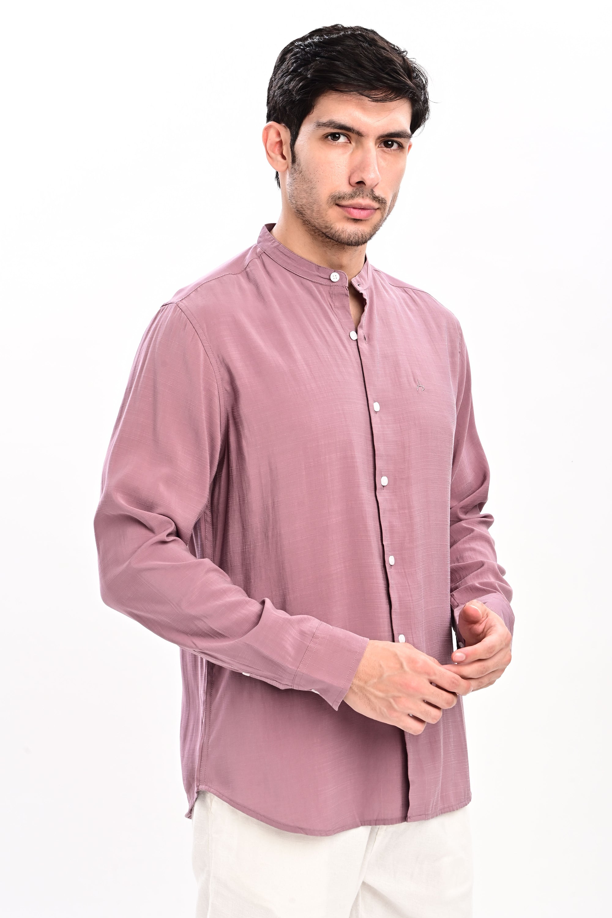 Onion Pink Tapered Fit Mandarin Collar Shirt