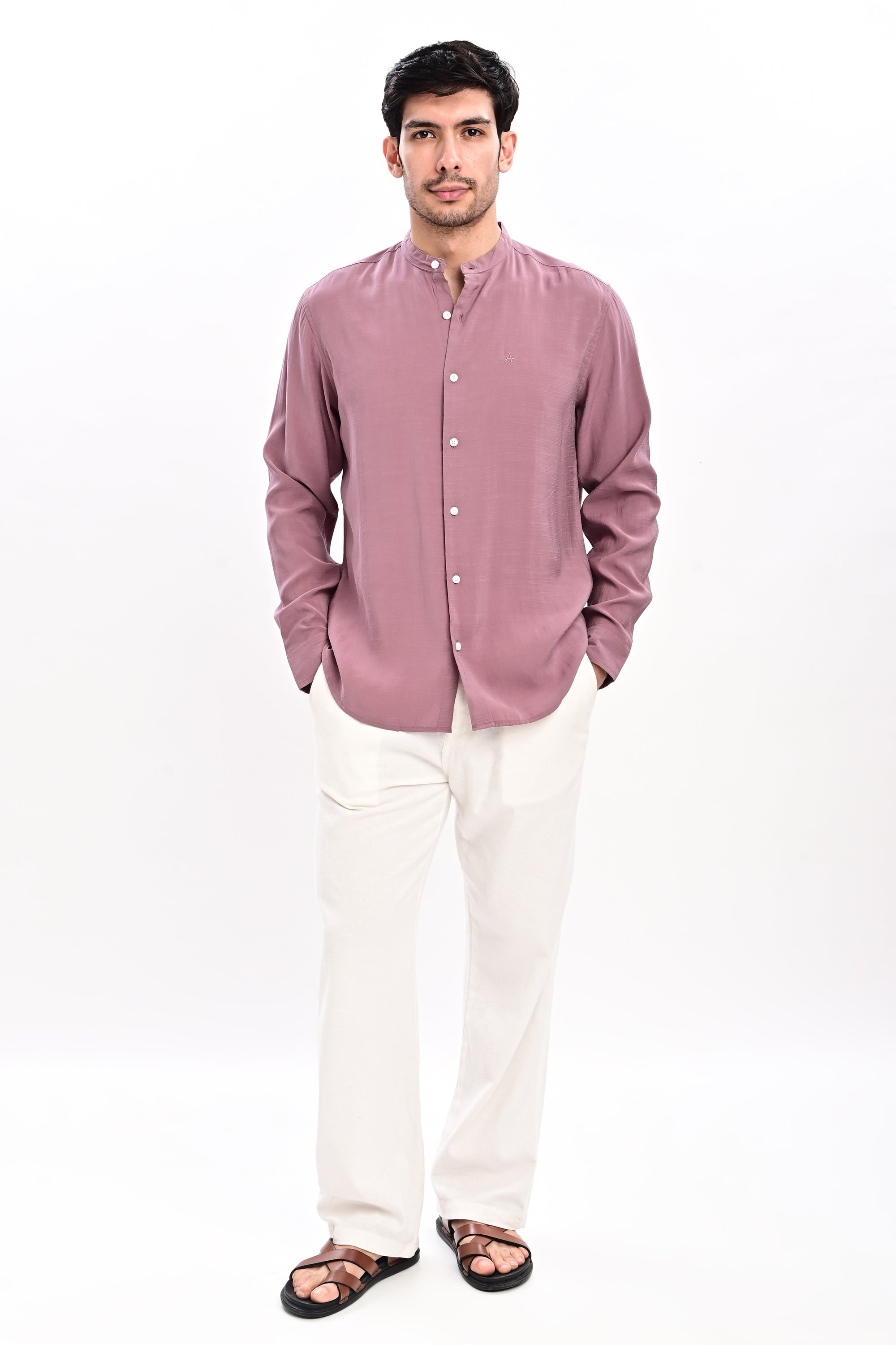 Onion Pink Tapered Fit Mandarin Collar Shirt