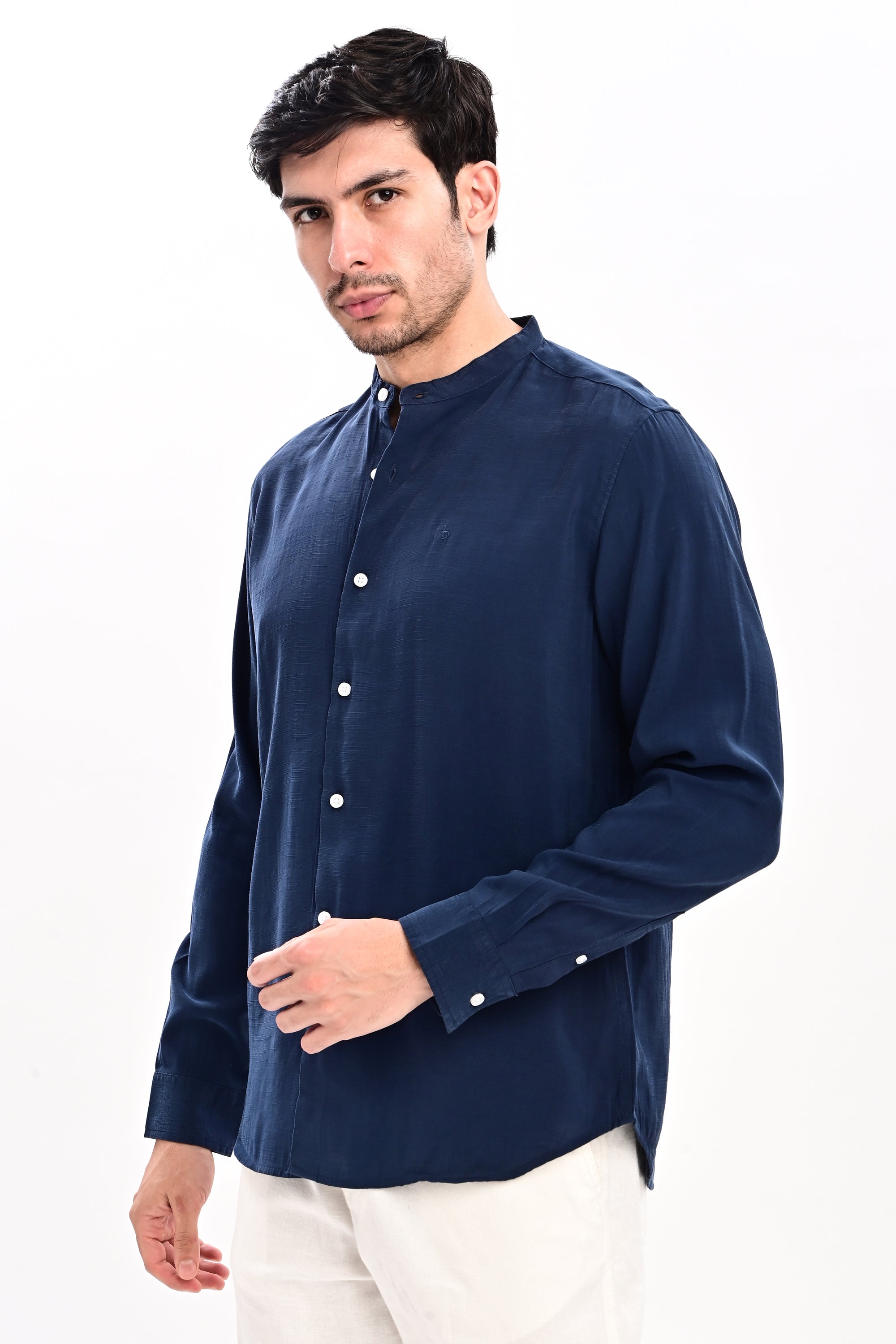 Midnight Blue Tapered Fit Mandarin Collar Shirt