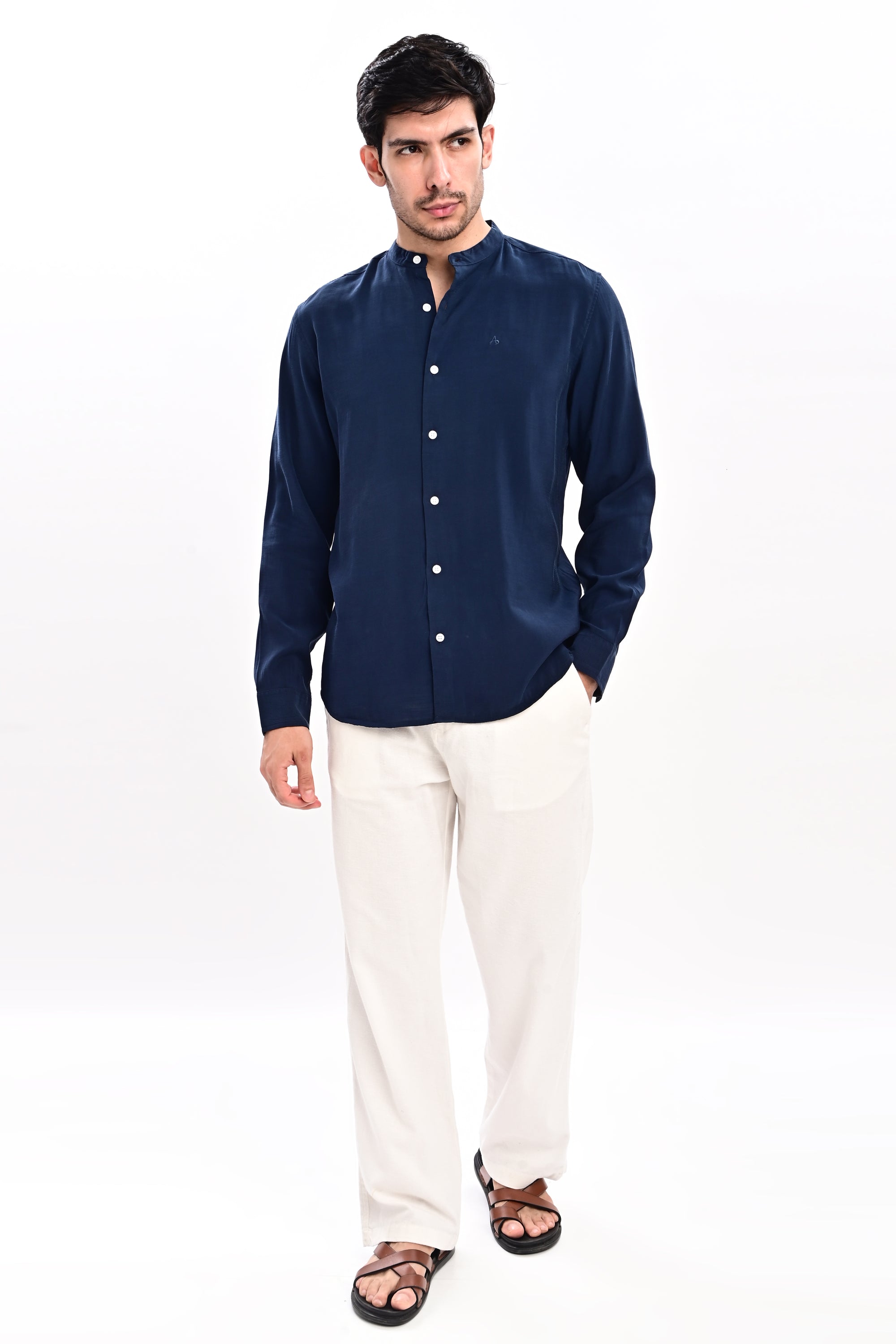 Midnight Blue Tapered Fit Mandarin Collar Shirt