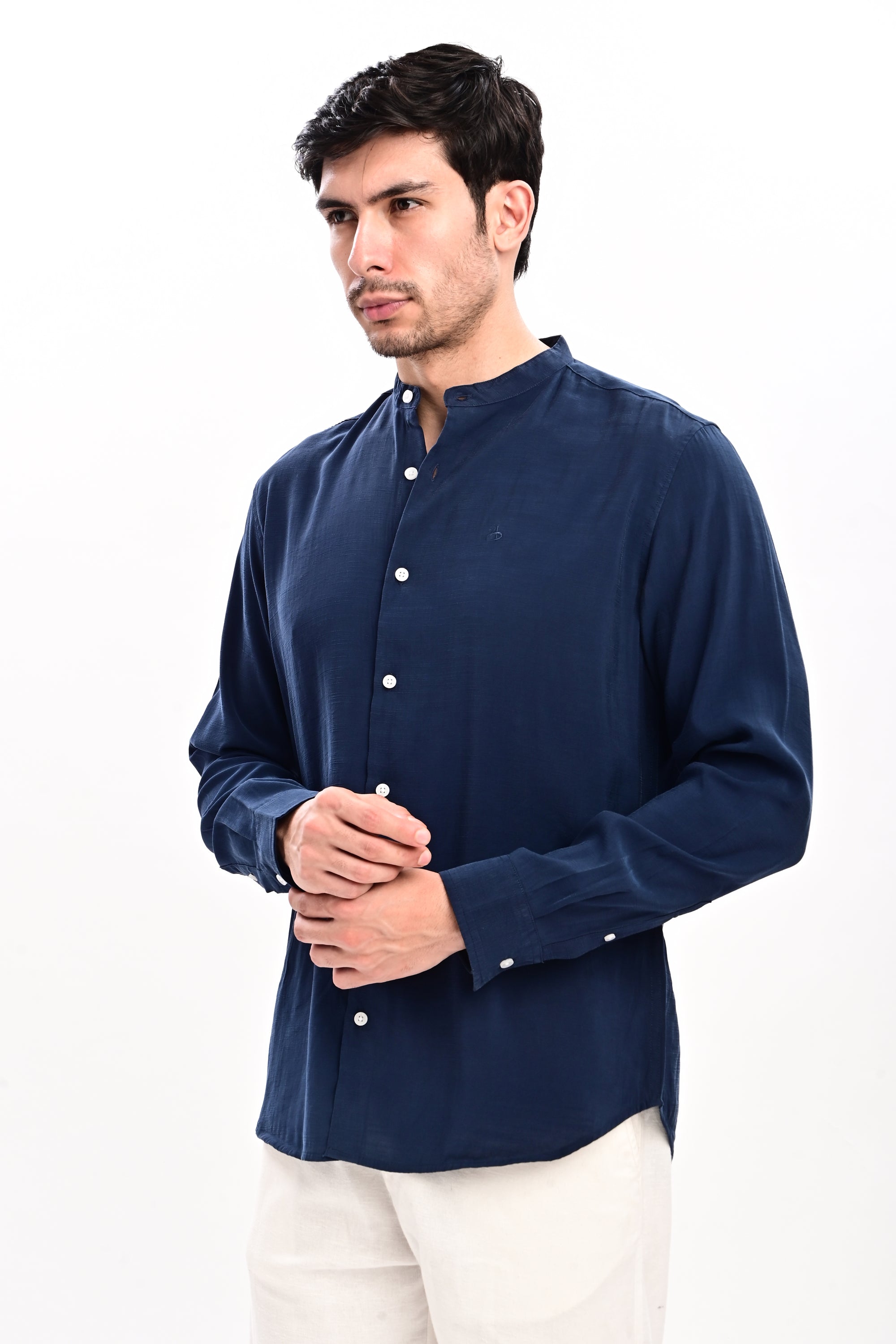 Midnight Blue Tapered Fit Mandarin Collar Shirt