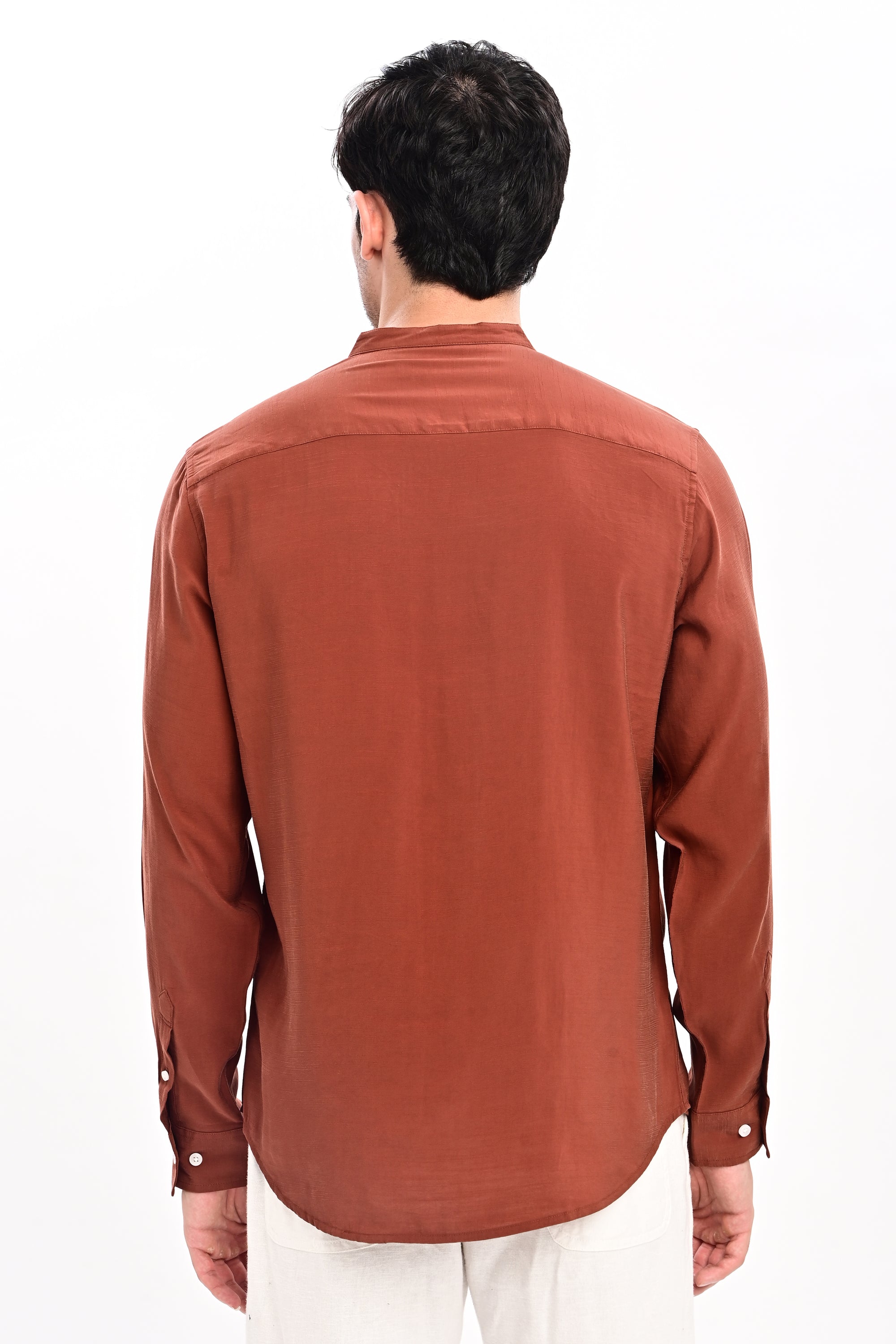 Brick Red Tapered Fit Mandarin Collar Shirt