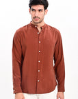 Brick Red Tapered Fit Mandarin Collar Shirt