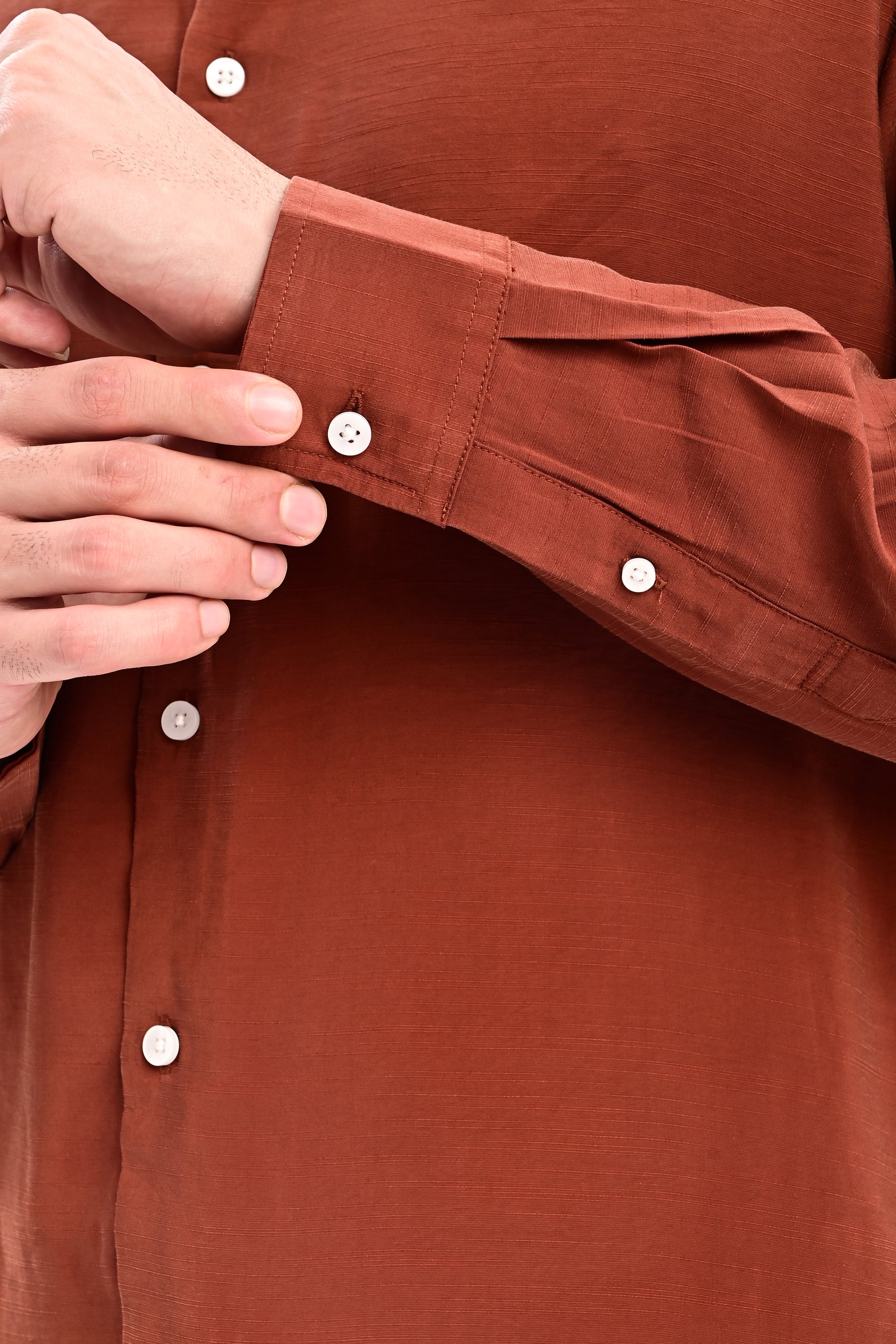 Brick Red Tapered Fit Mandarin Collar Shirt