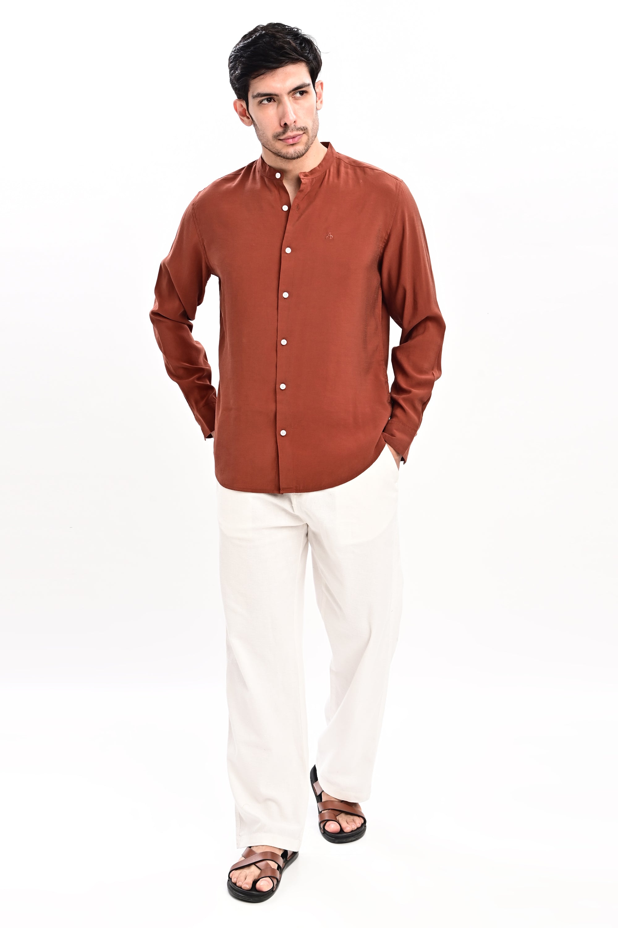 Brick Red Tapered Fit Mandarin Collar Shirt