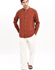 Brick Red Tapered Fit Mandarin Collar Shirt