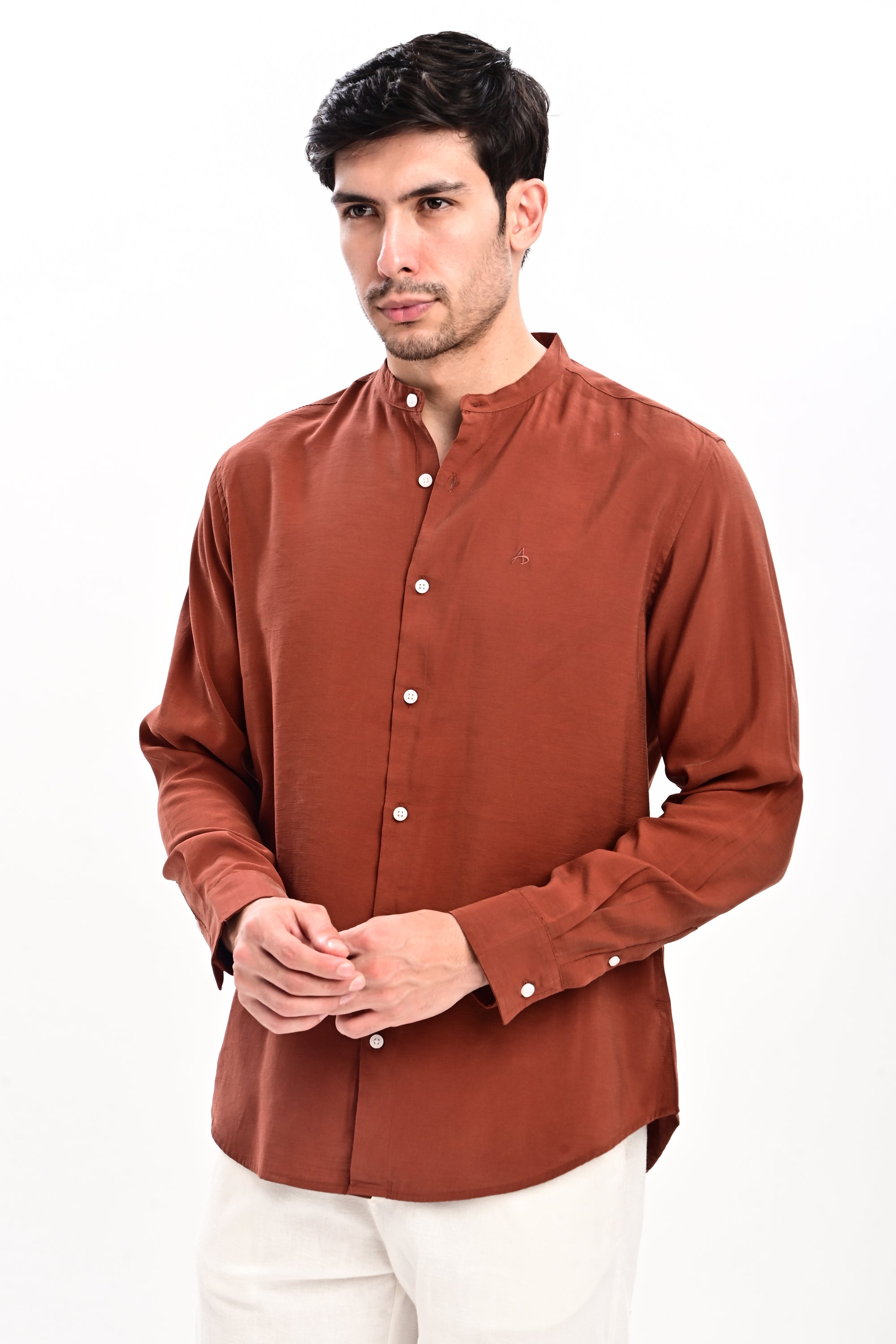 Brick Red Tapered Fit Mandarin Collar Shirt