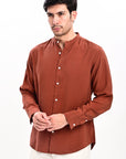 Brick Red Tapered Fit Mandarin Collar Shirt