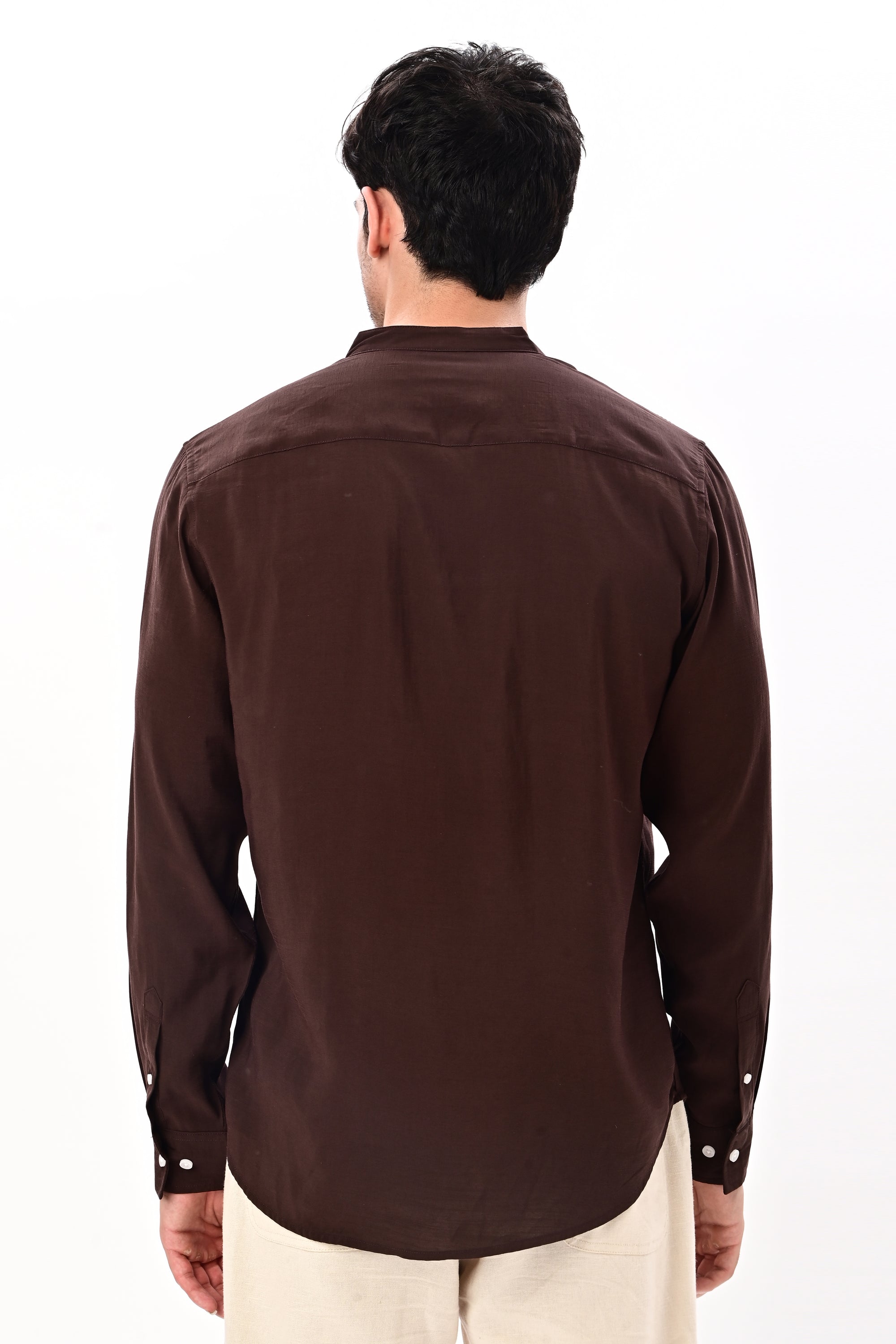Brown Tapered Fit Mandarin Collar Shirt