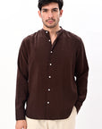 Brown Tapered Fit Mandarin Collar Shirt