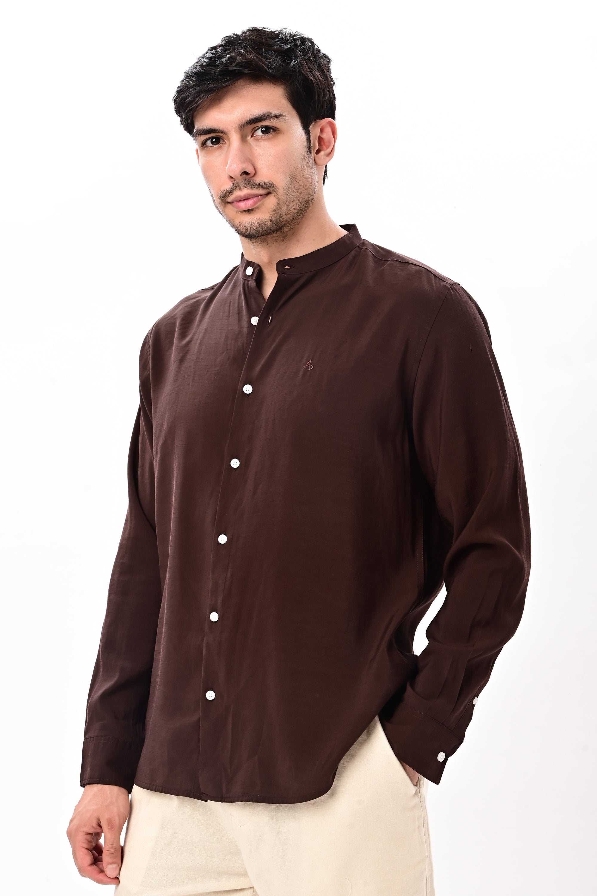 Brown Tapered Fit Mandarin Collar Shirt