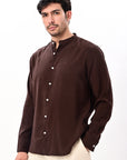 Brown Tapered Fit Mandarin Collar Shirt