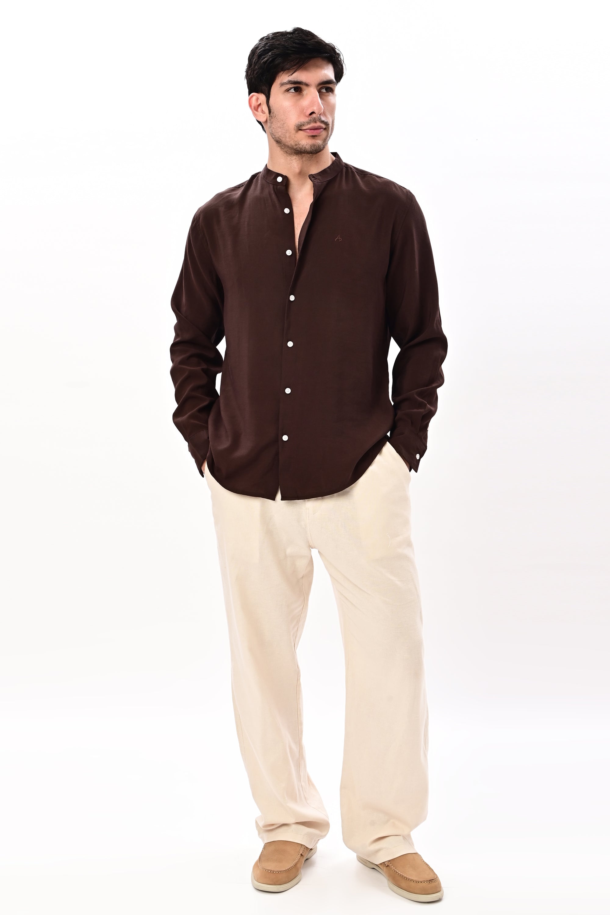 Brown Tapered Fit Mandarin Collar Shirt