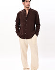Brown Tapered Fit Mandarin Collar Shirt