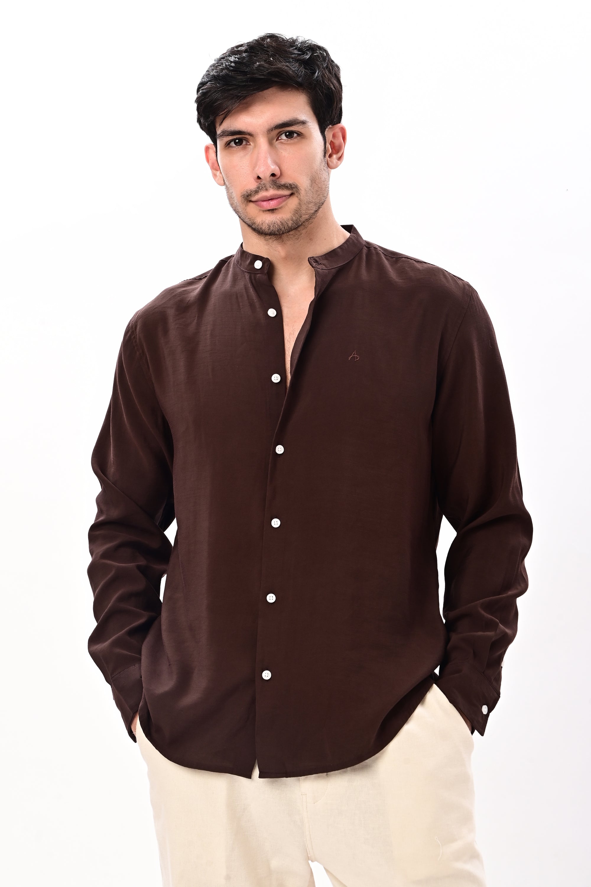 Brown Tapered Fit Mandarin Collar Shirt