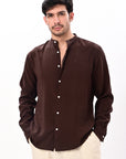Brown Tapered Fit Mandarin Collar Shirt