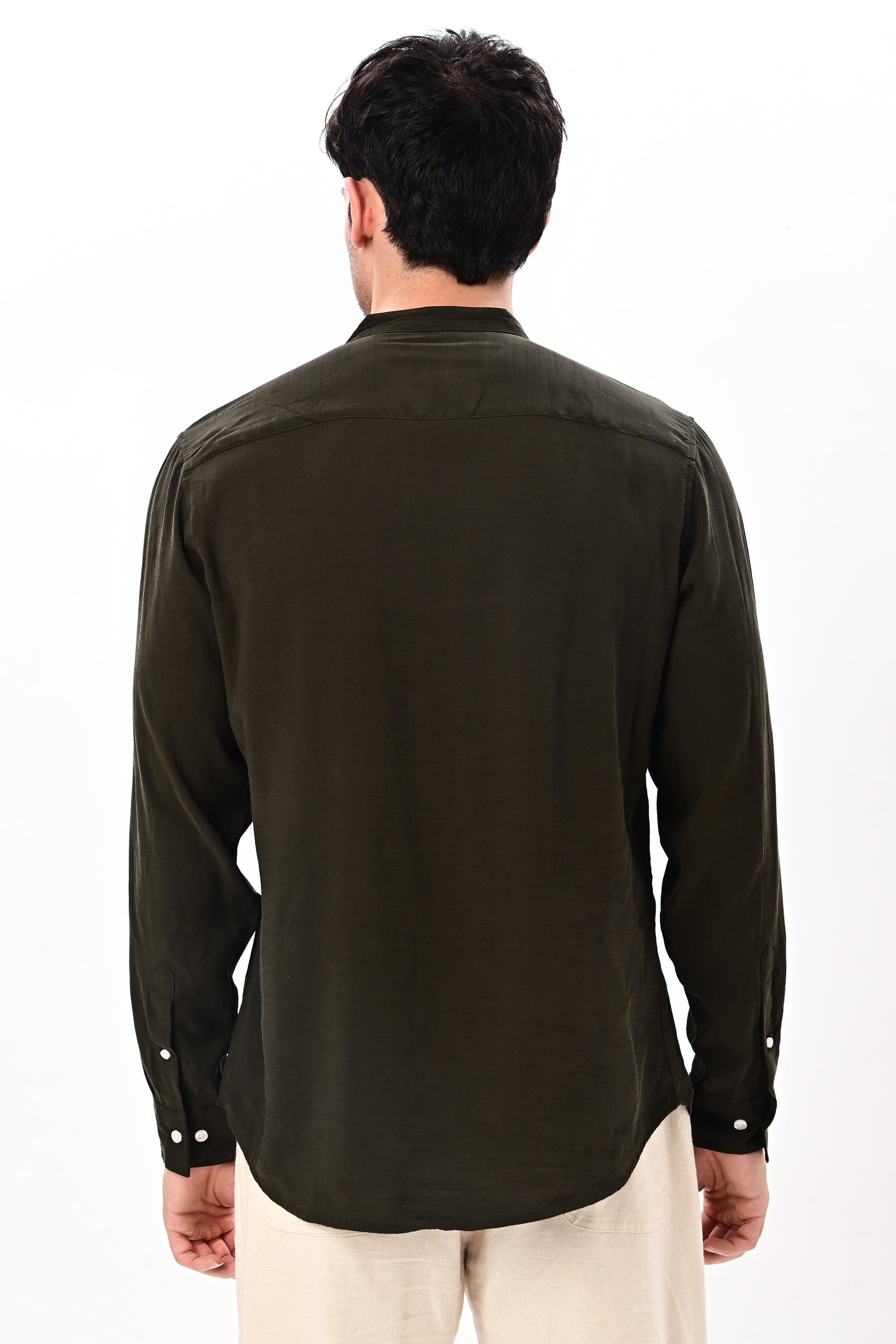 Olive Green Tapered Fit Mandarin Collar Shirt