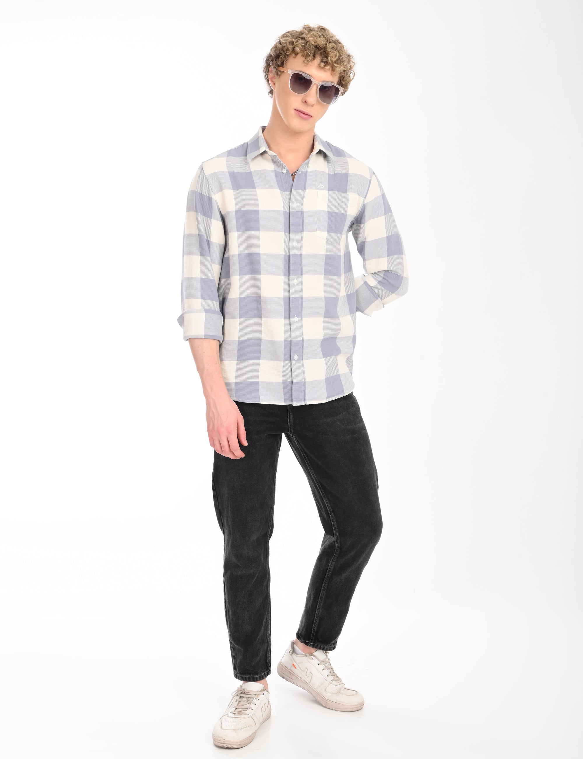 Relaxed Fit Steel Blue Full Sleeve Check Shirt