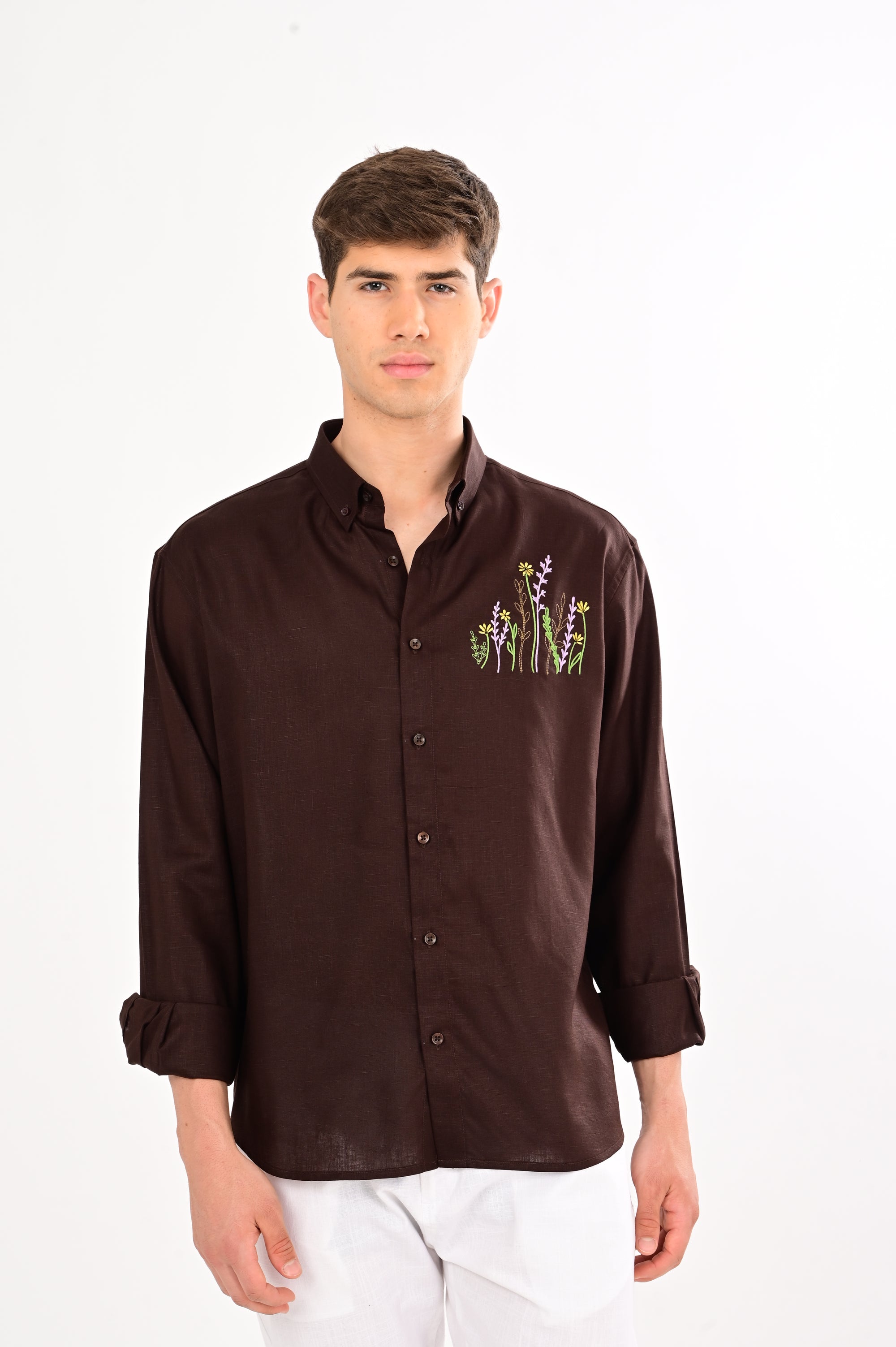 Herbs Embroidery Linen Shirt – Brown | Relaxed Fit