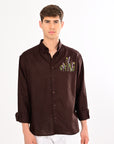 Herbs Embroidery Linen Shirt – Brown | Relaxed Fit
