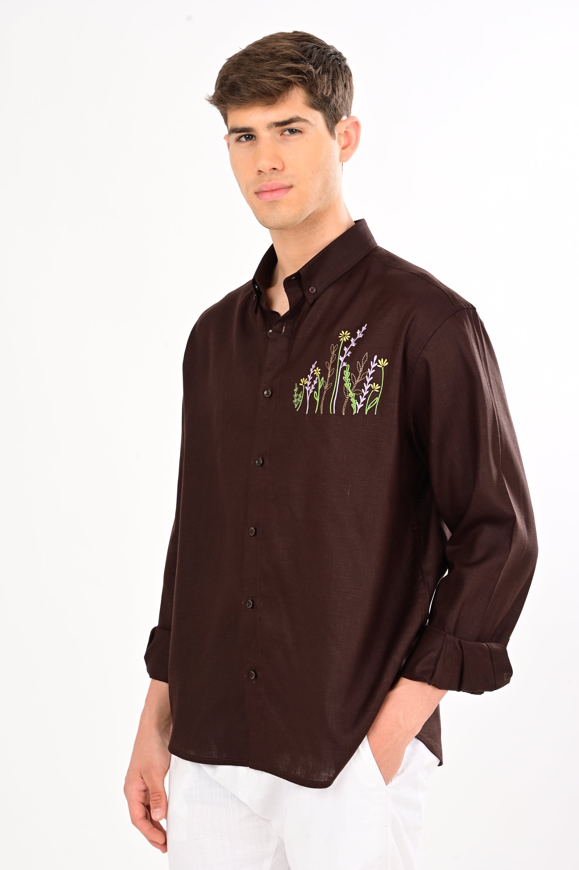 Herbs Embroidery Linen Shirt – Brown | Relaxed Fit