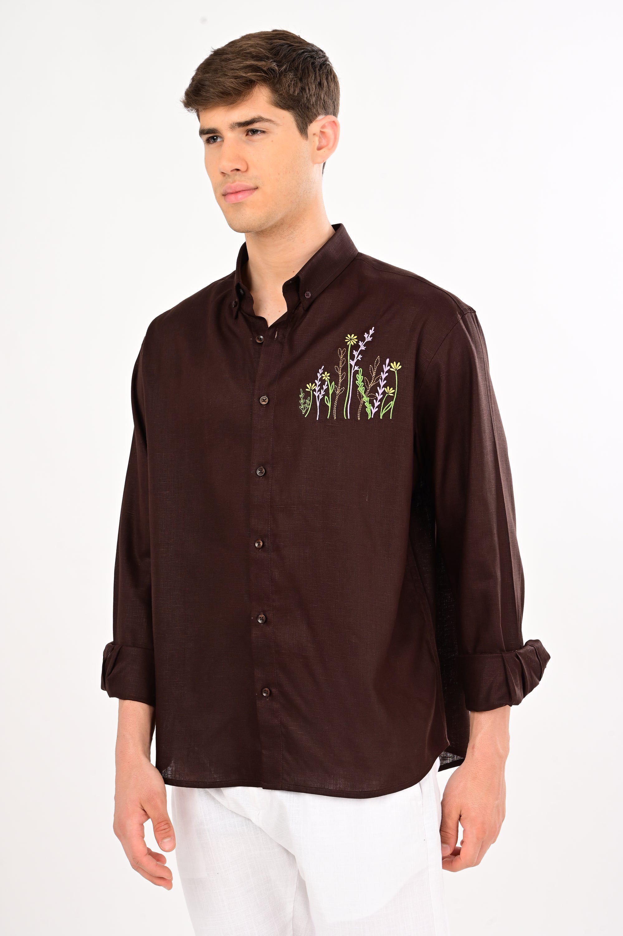 Herbs Embroidery Linen Shirt – Brown | Relaxed Fit