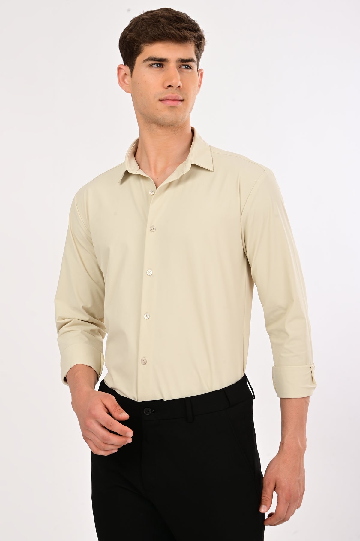 Cream Stretch Slim Fit Shirt