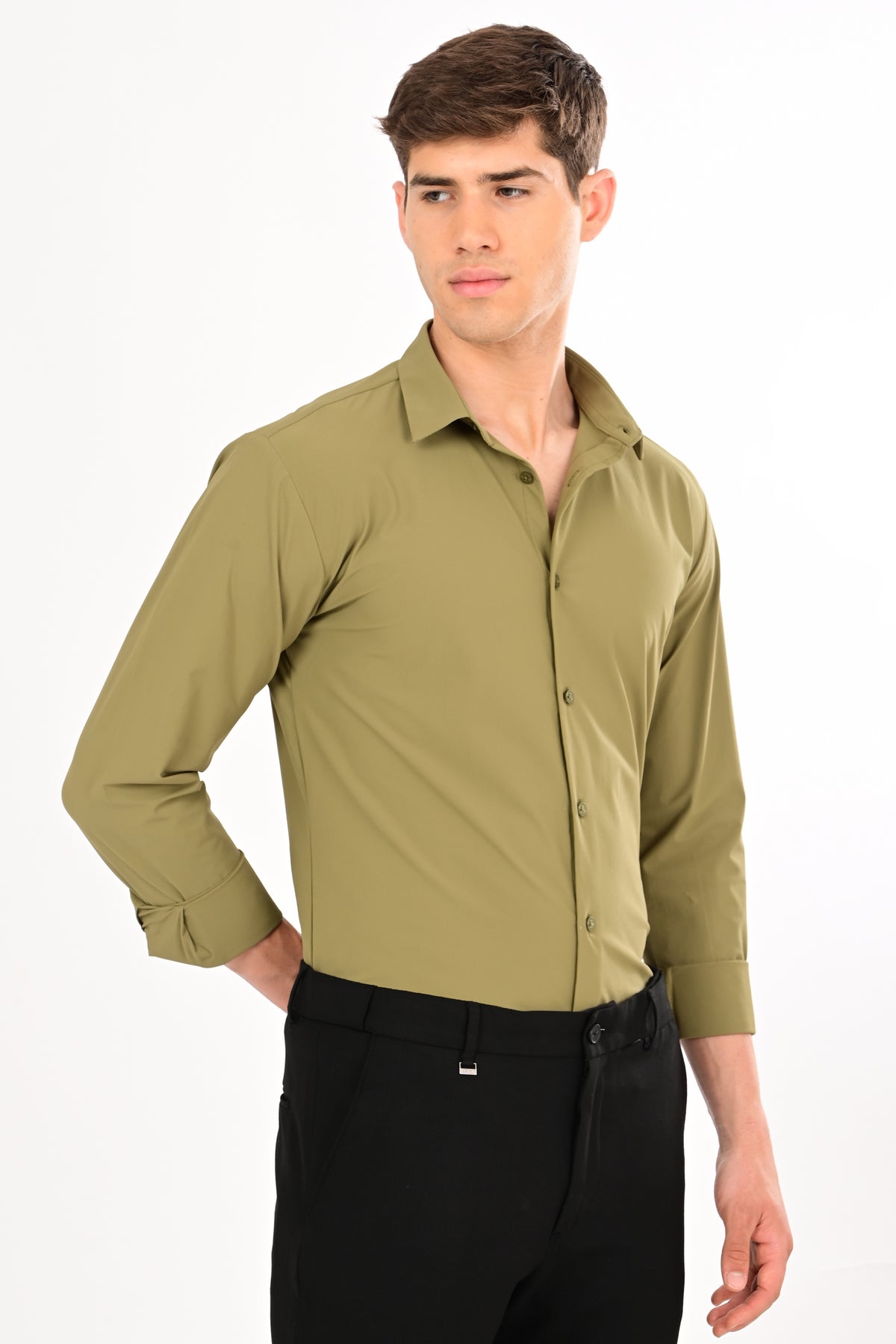 Sap Green Stretch Slim Fit Shirt