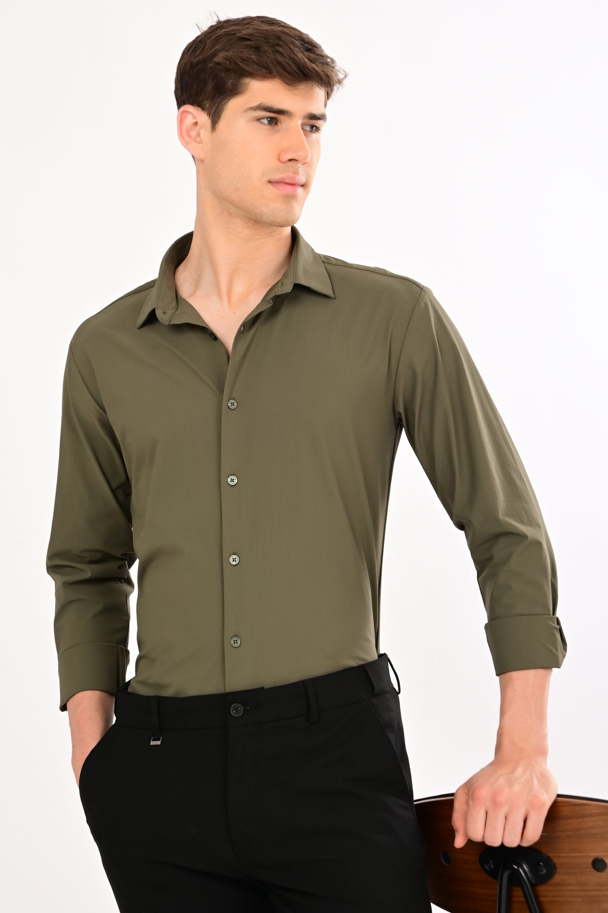 Dark Olive Stretch Slim Fit Shirt