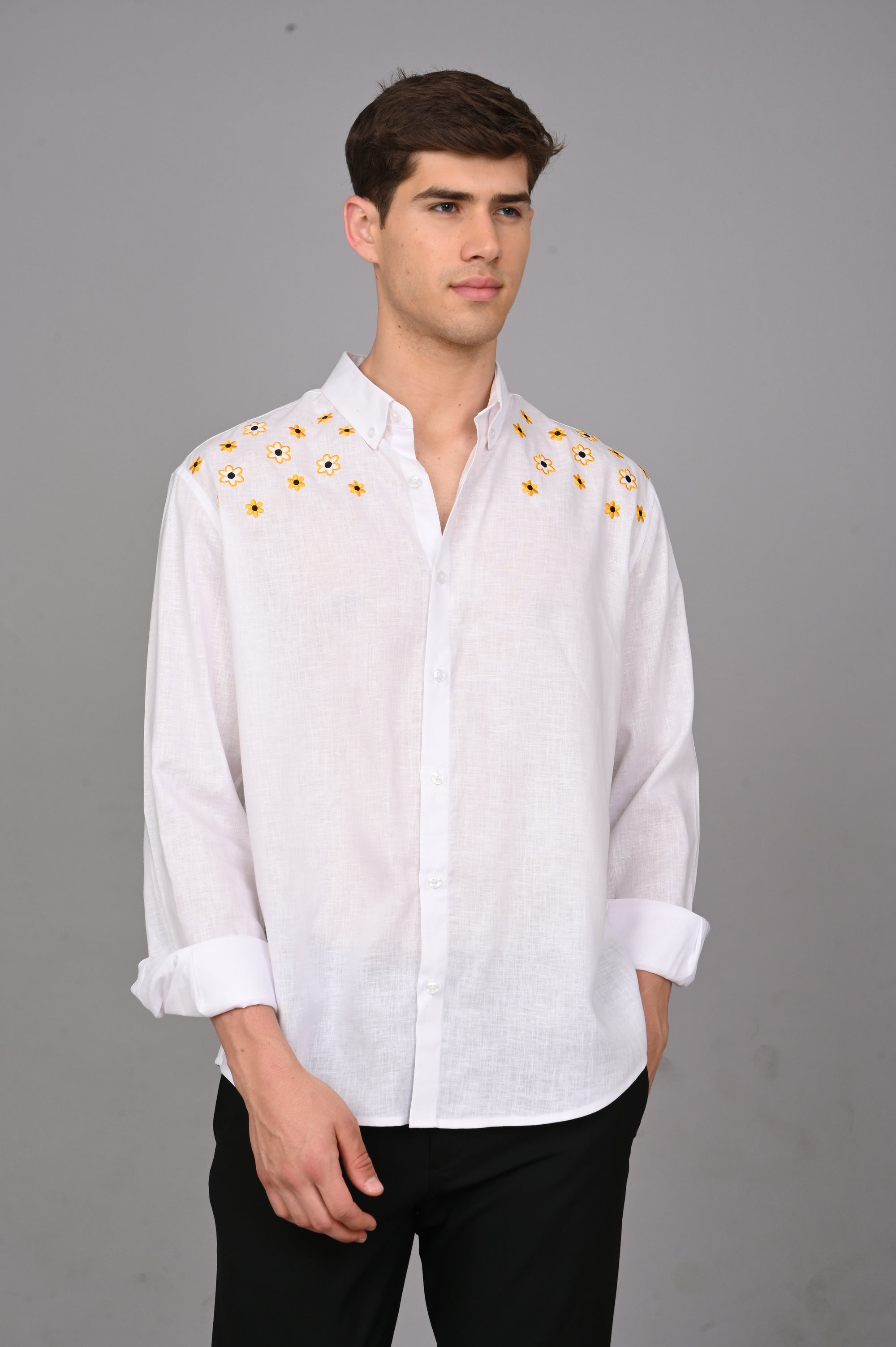 Sunflower Embroidery Relaxed Fit Linen White Shirt