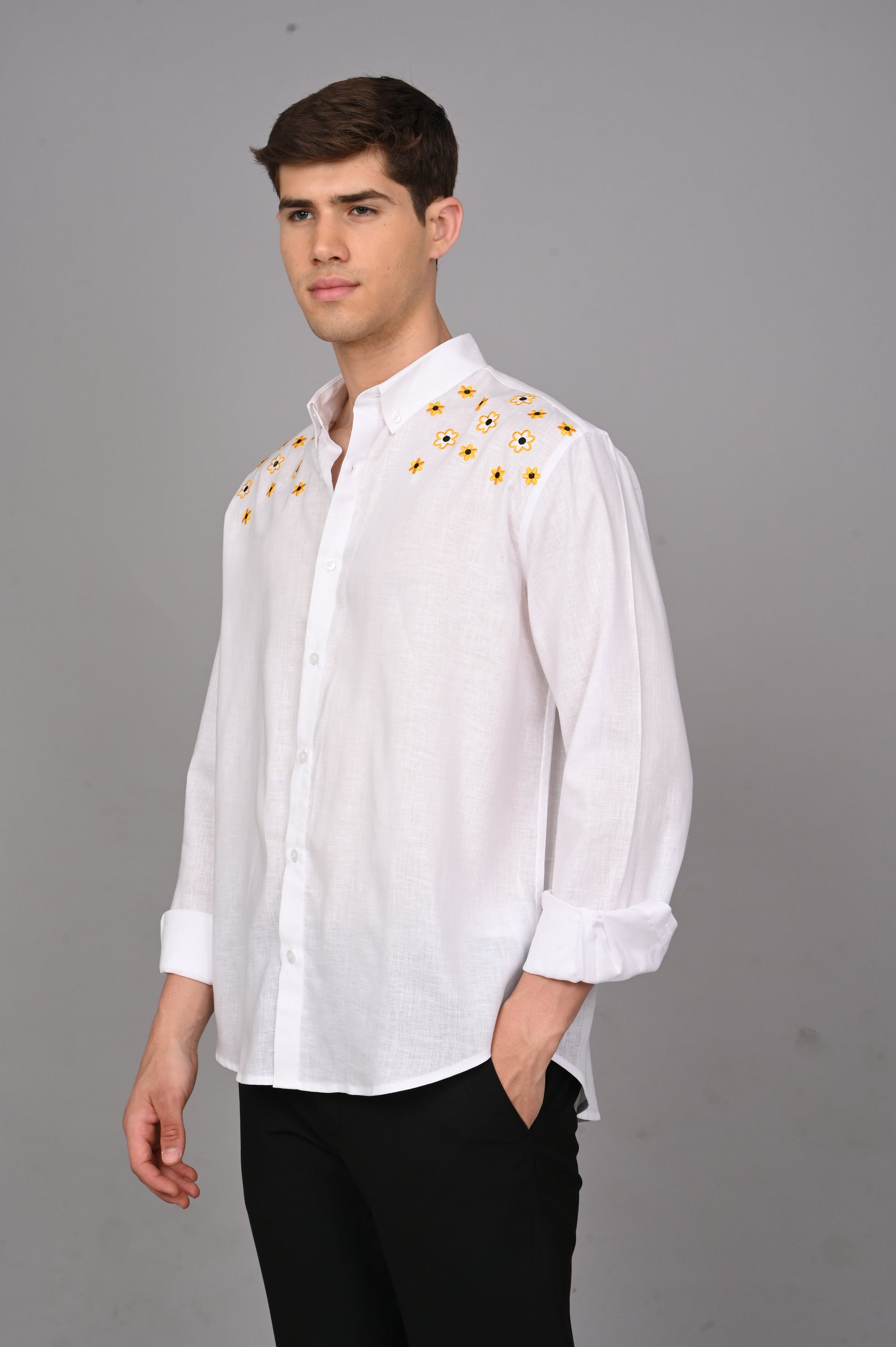 Sunflower Embroidery Relaxed Fit Linen White Shirt