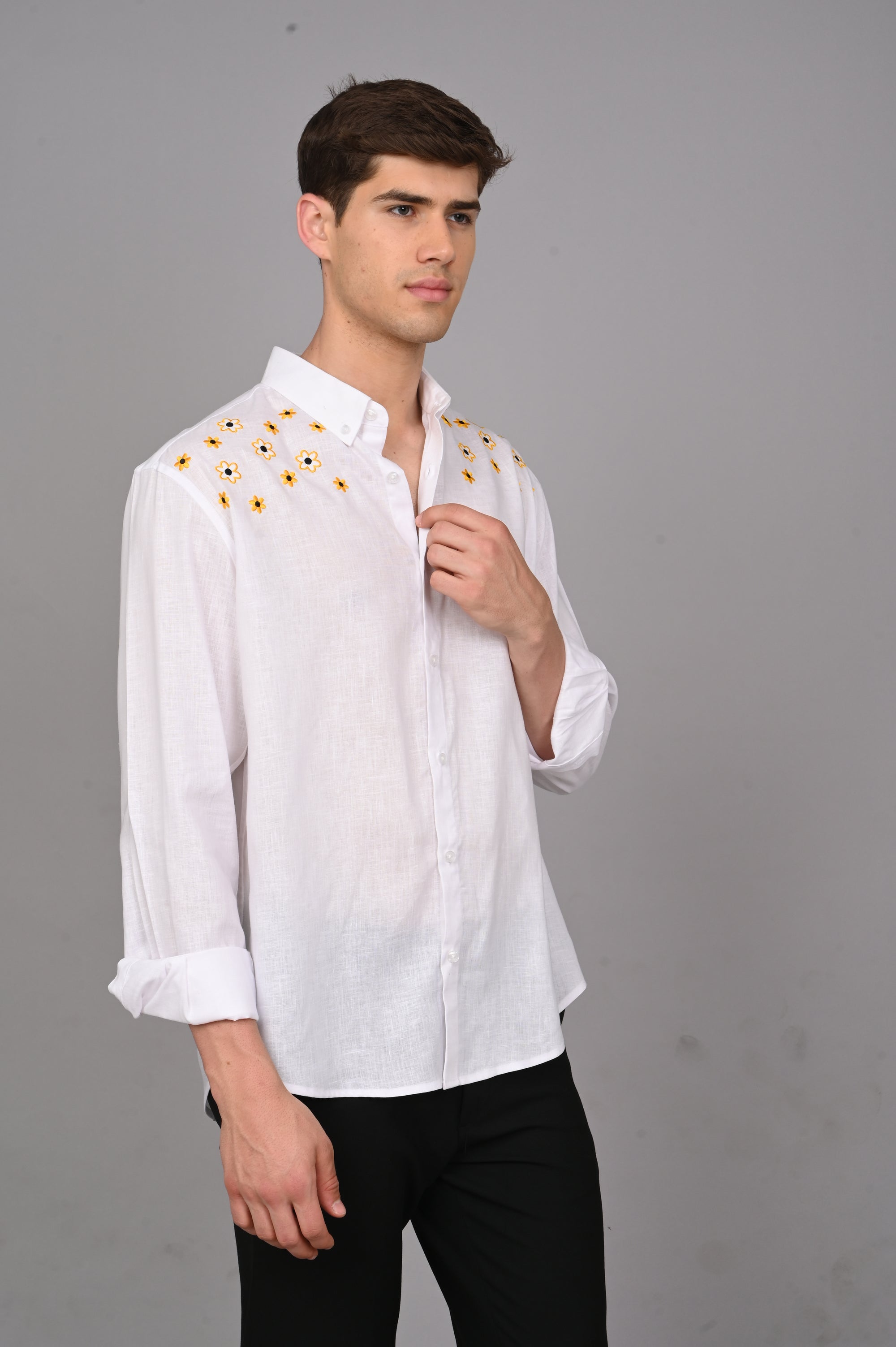 Sunflower Embroidery Relaxed Fit Linen White Shirt