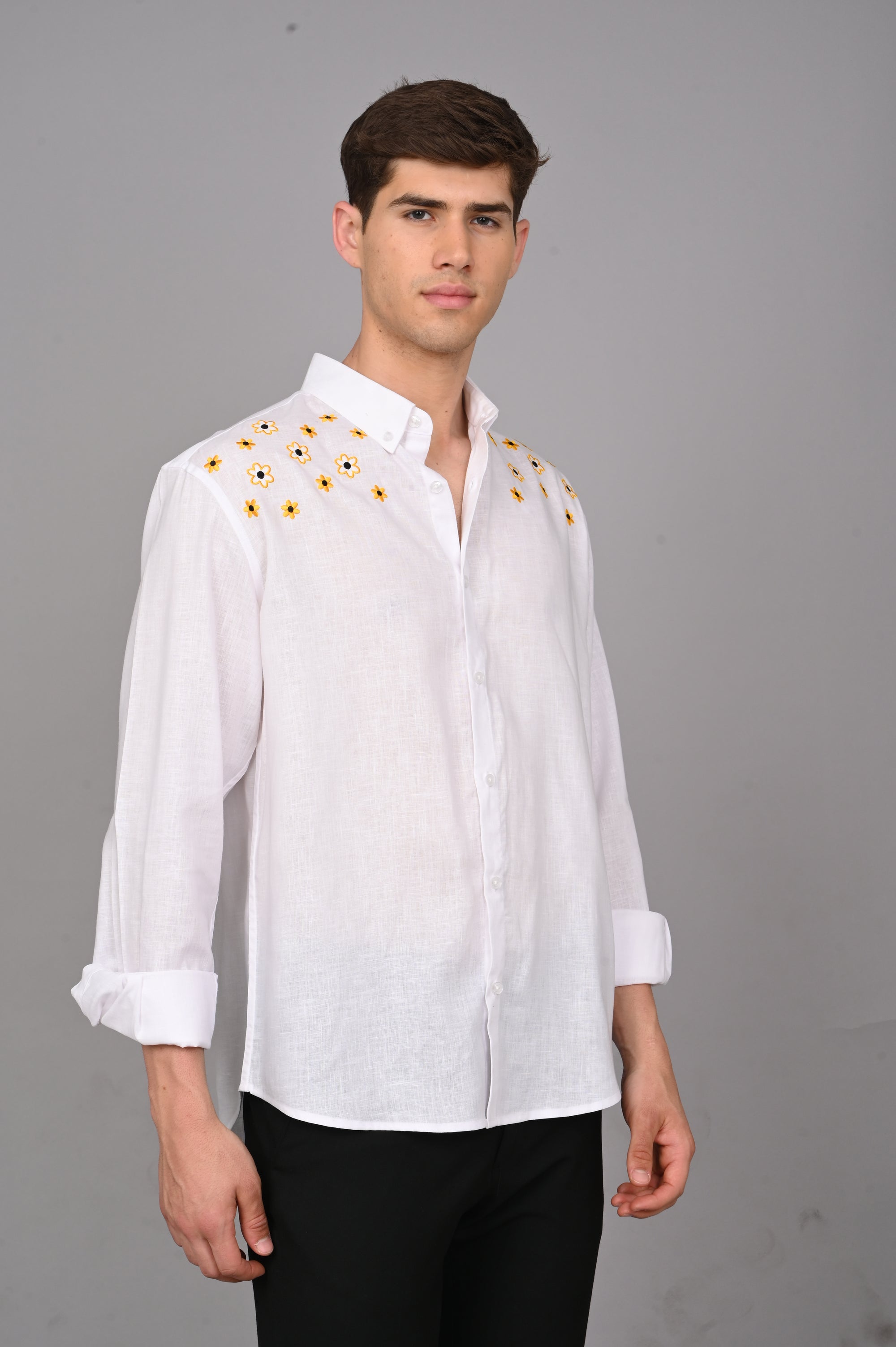 Sunflower Embroidery Relaxed Fit Linen White Shirt