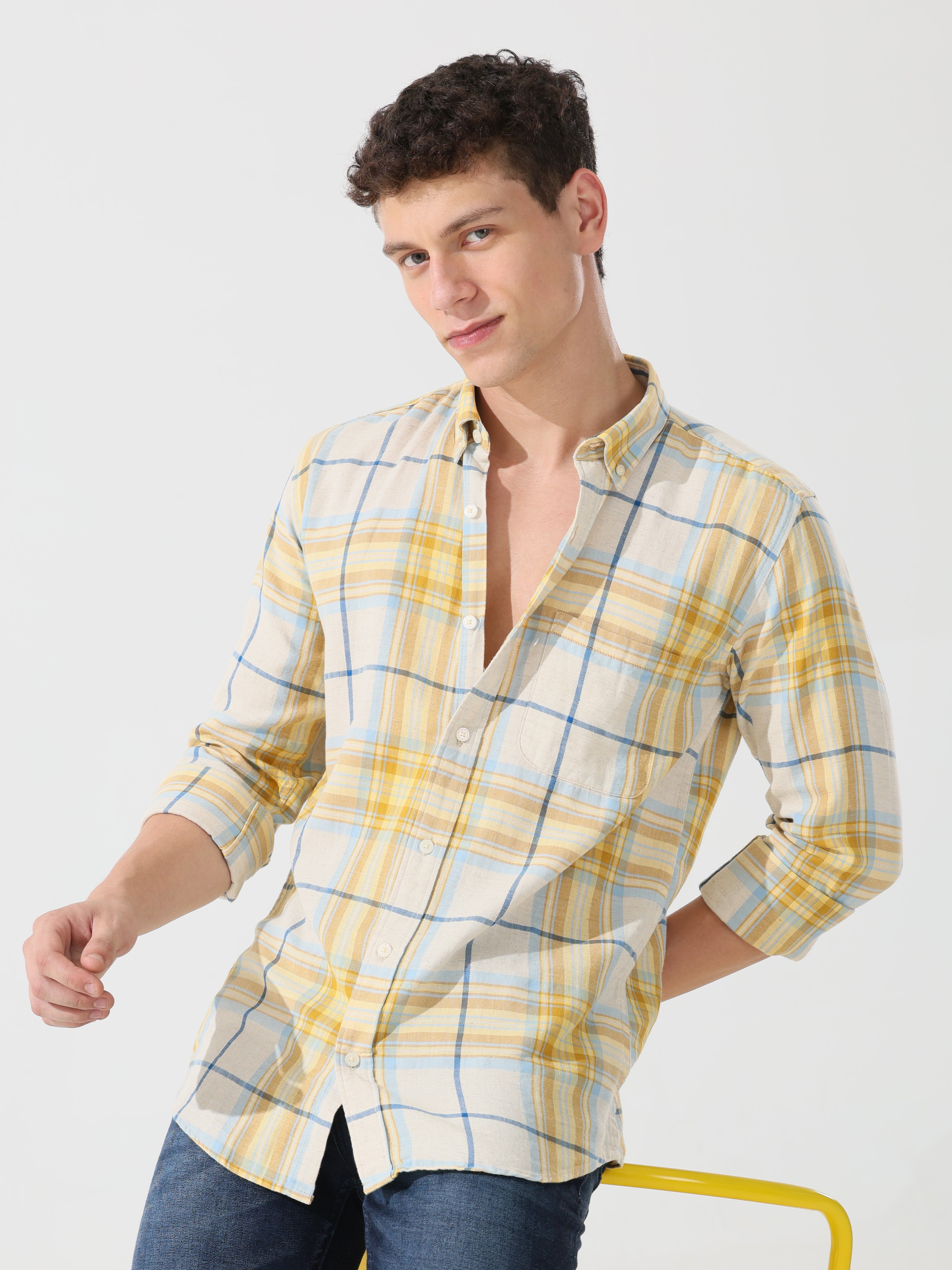 Yellow yarn dyed cotton slim fit shirts - Address pro