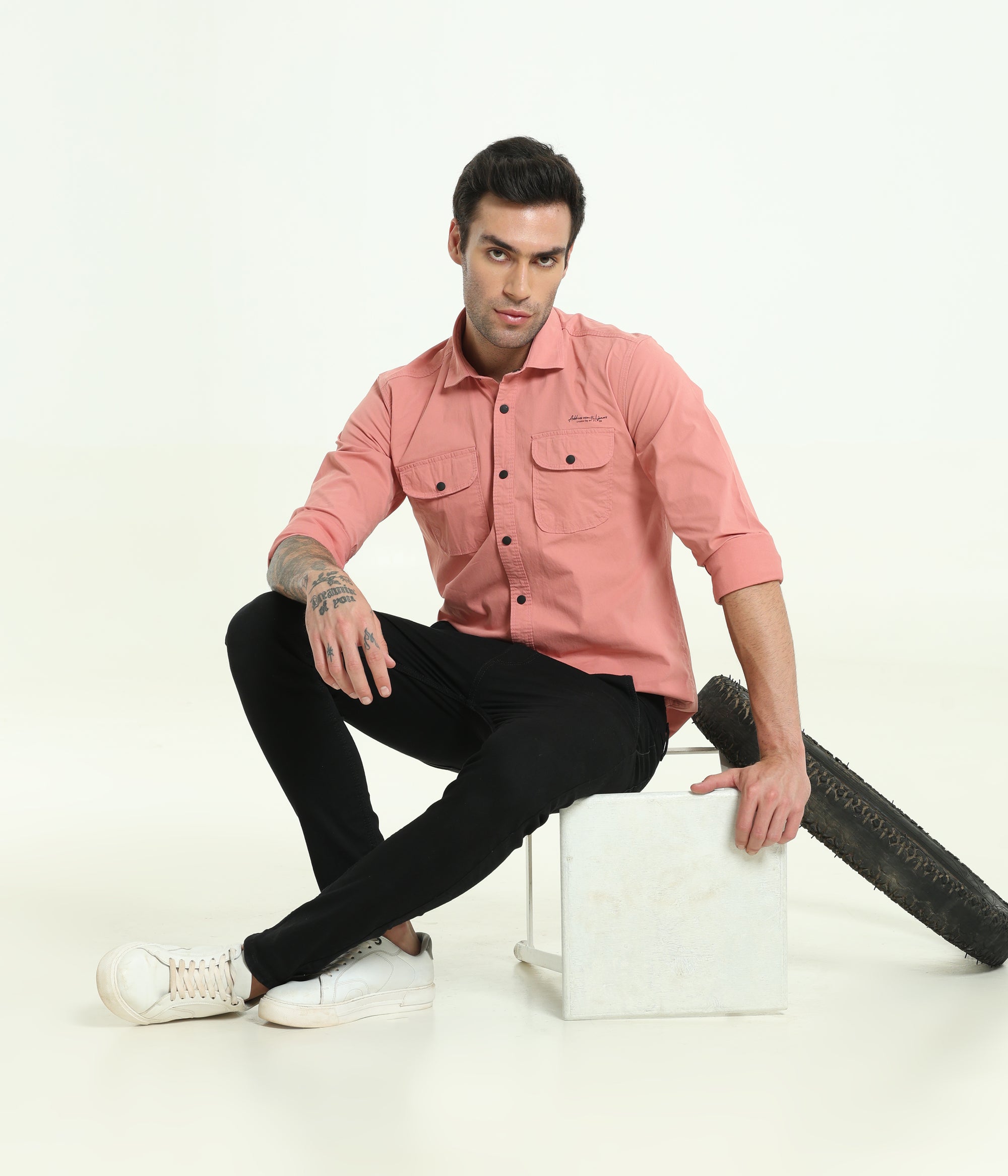 Peachy Pink Double Pocket Slim Fit Shirt