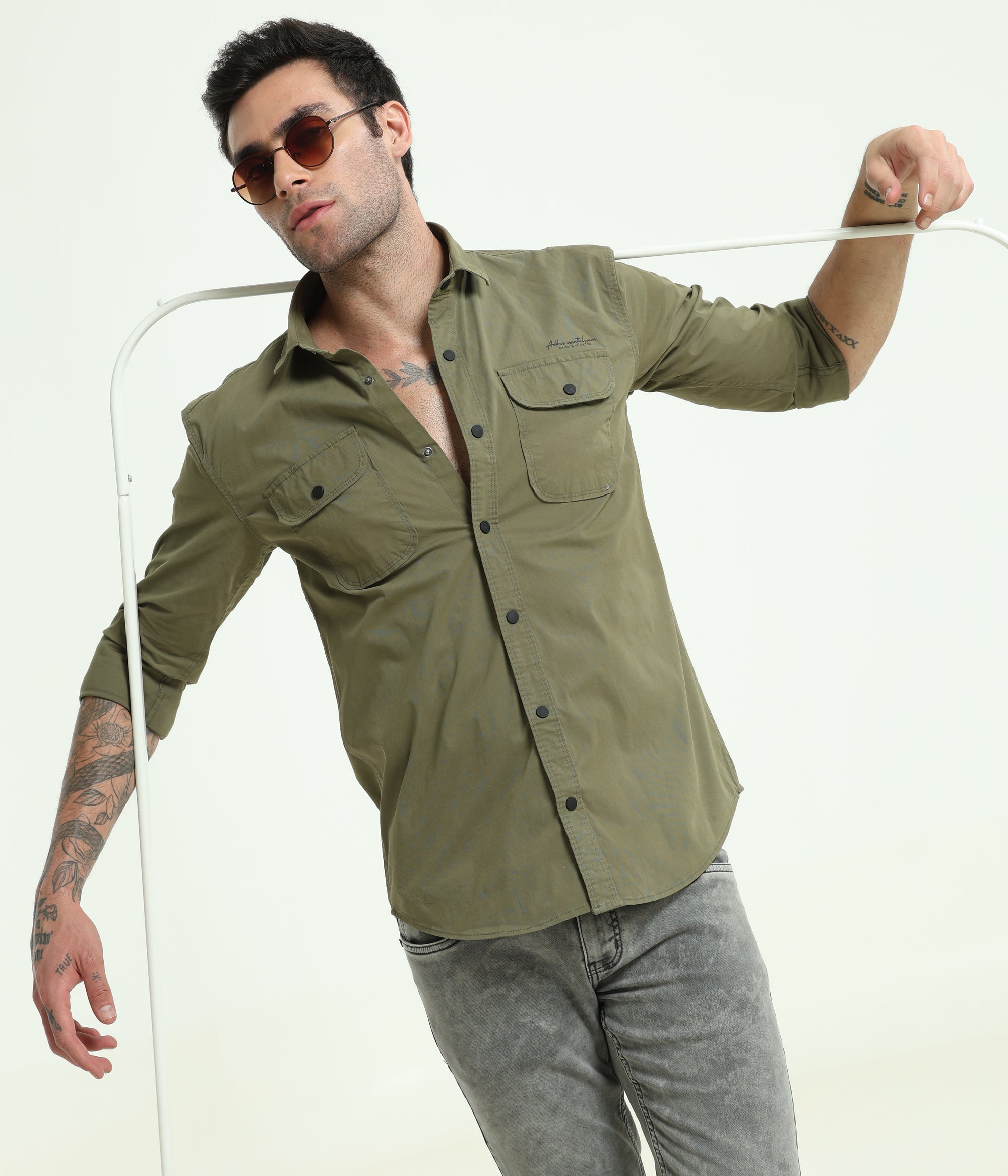 Olive Double Pocket Slim Fit Shirt