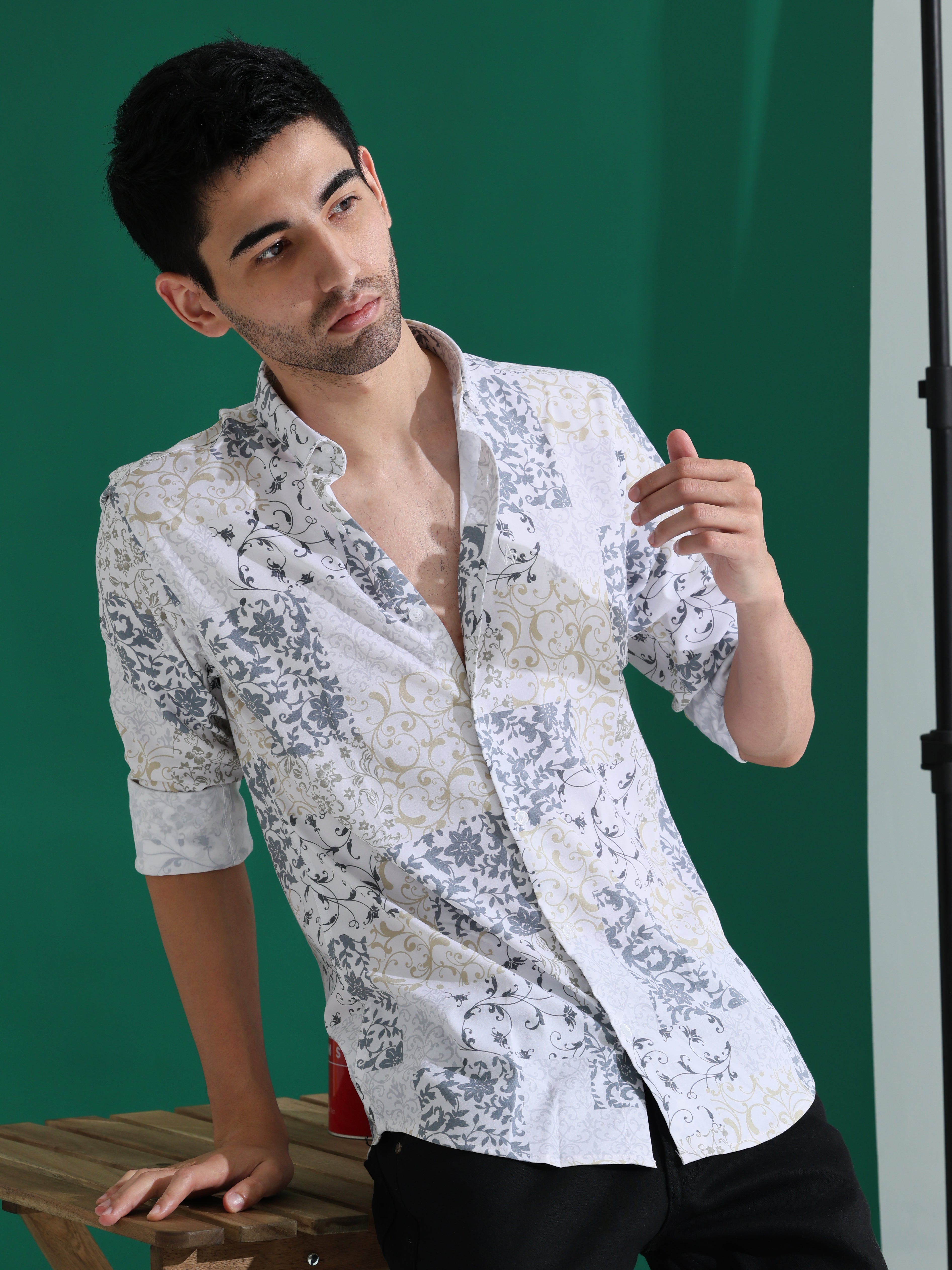 Mens white digital print slim fit shirts - Address