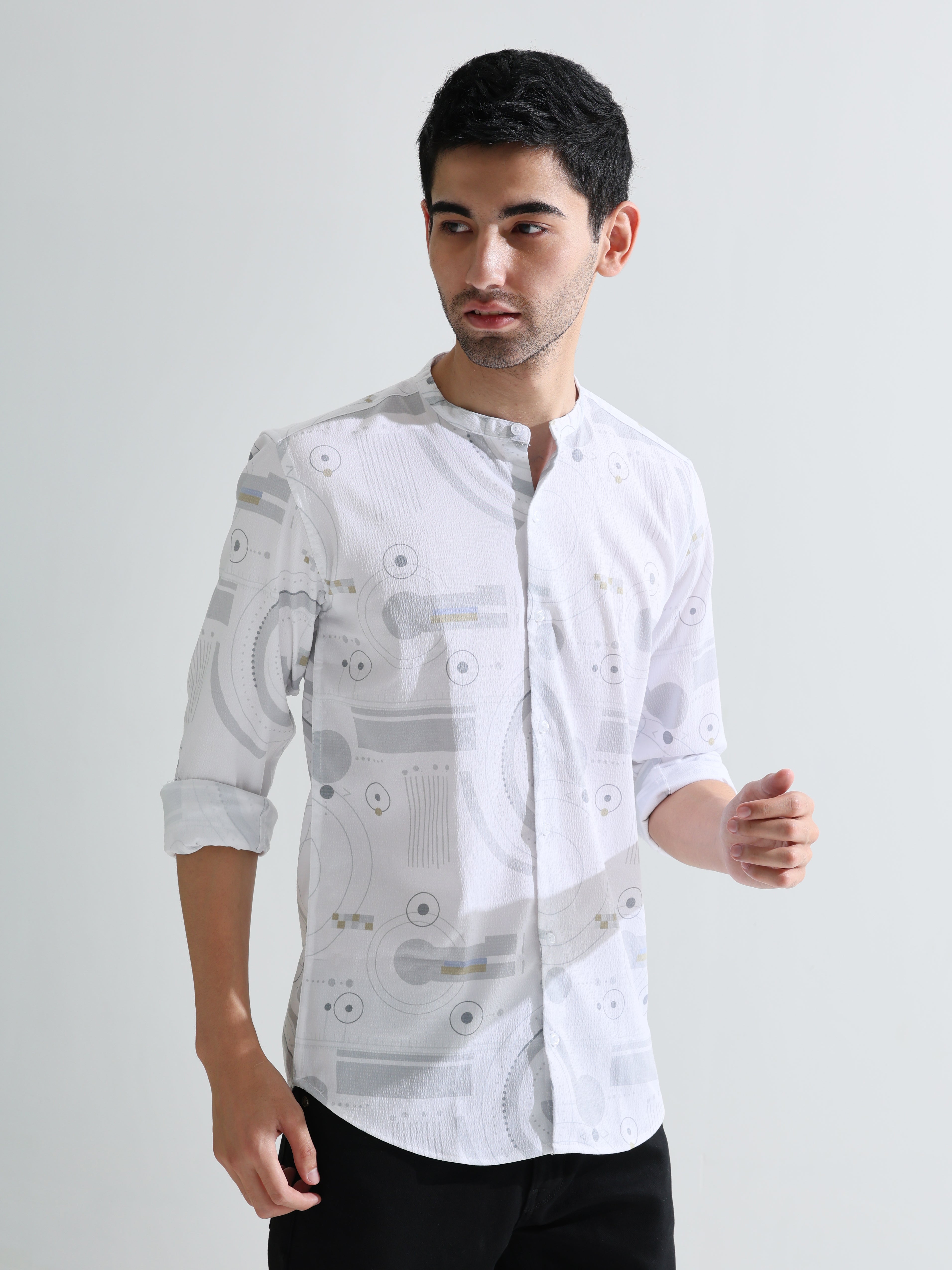 Mandarin collar digital print slim fit shirts - Address